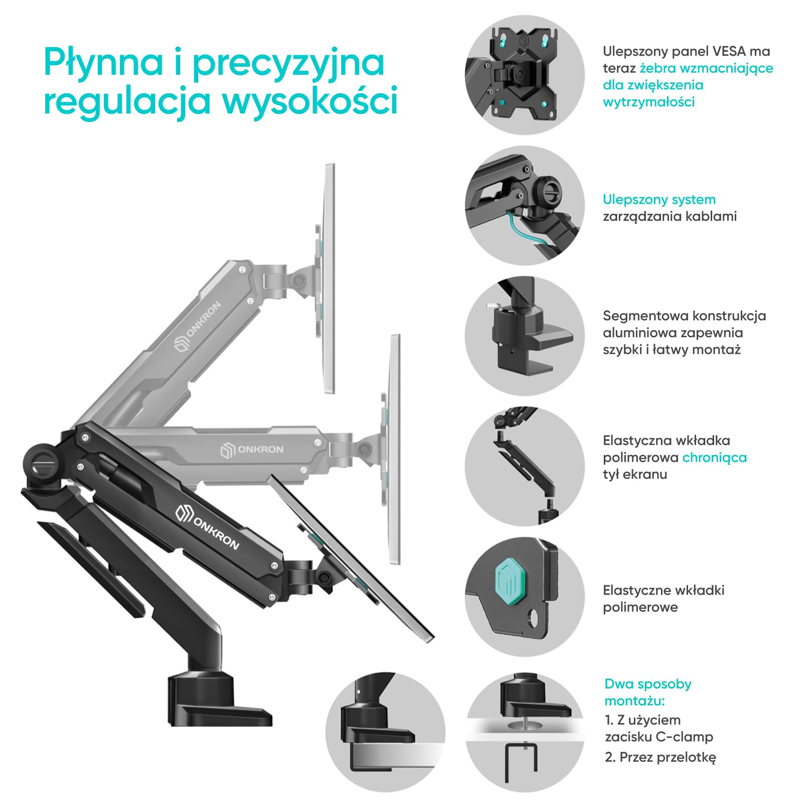 ONKRON Uchwyt do monitora 13-34 cali do 10 kg, uchwyt na ekran PC ze sprężyną gazową, uchwyt do monitora VESA 75 x 75-100 x 100, regulowane ramię monitora, kolor czarny G90-B
