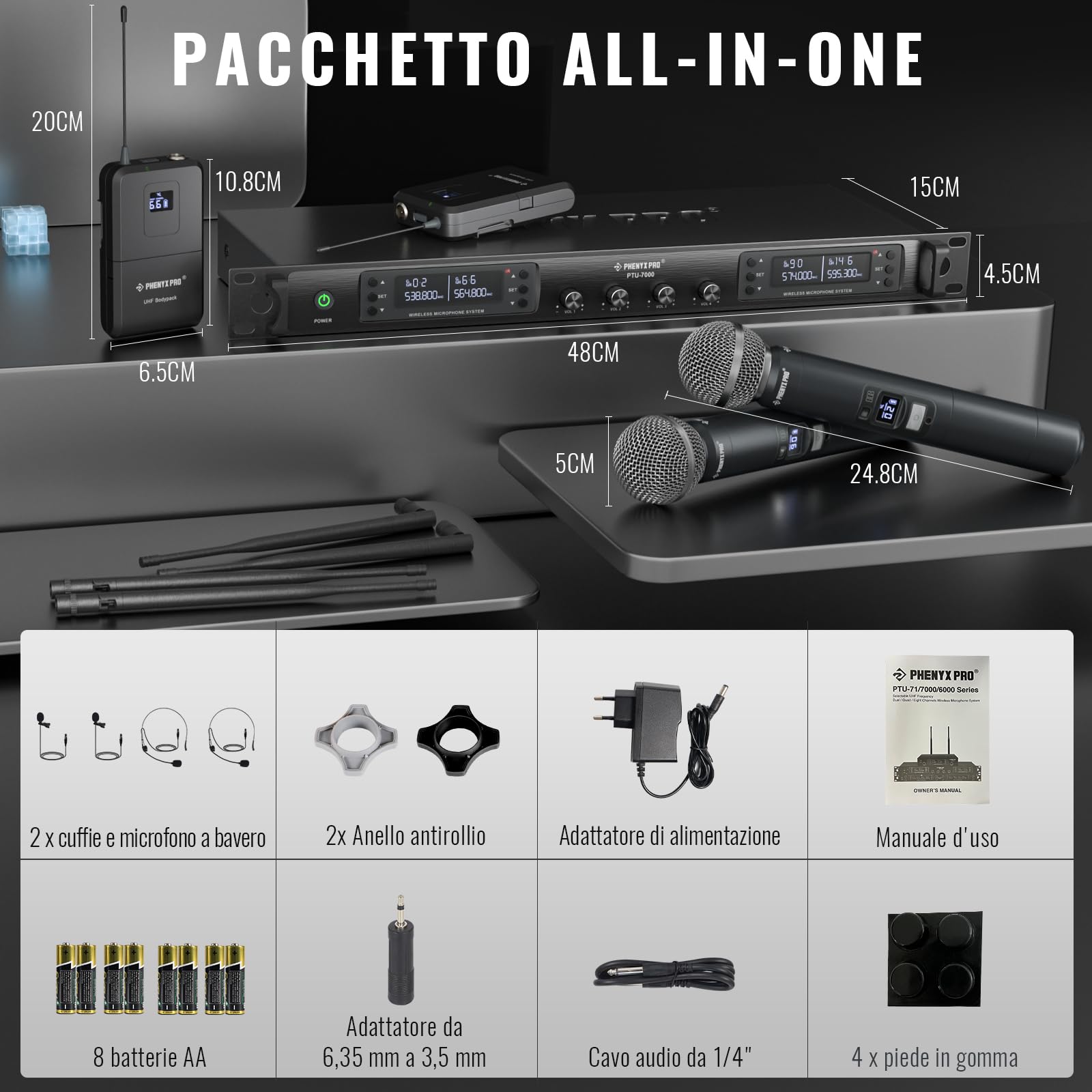 Phenyx Pro Sistema Microfono Wireless UHF a 4 canali PTU-7000-2H2B | Auto Scan, 2 microfoni dinamici, 2 bodypack, mic headset/lavalier, 4 × 40 frequenze, portata 328 ft, DJ set