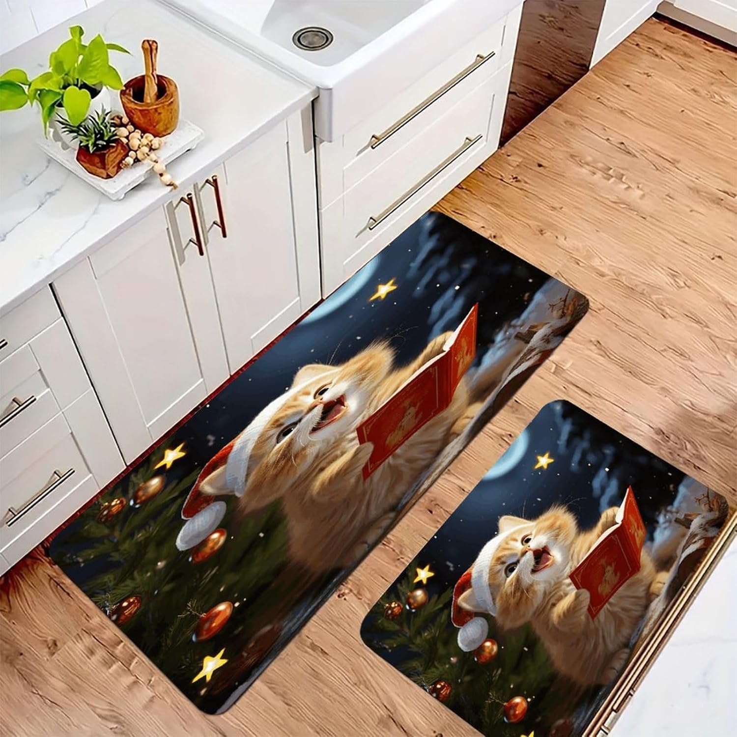 Cute Cat Sing Christmas Carols Kitchen Mats for Floor 2PCS Waterproof Non-Slip Kitchen Rugs Cushioned Anti-Fatigue Mat Heavy Duty Floor Mats Comfort Standing Mat for Kitchen Home Office Laundry image 2