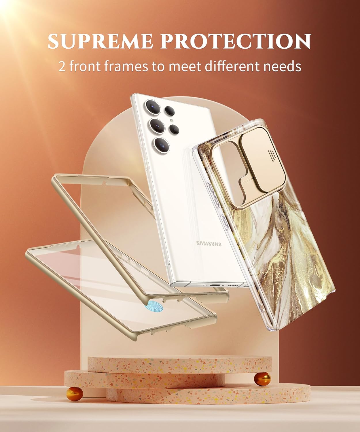 GVIEWIN for Samsung Galaxy S23 Ultra Case with Slide Camera Cover, [Built-in Screen Protector] [2 Front Frames] Military Grade Shockproof, Marble Phone Case Fit S23 Ultra 6.8", Topaz/Gold - Image 5