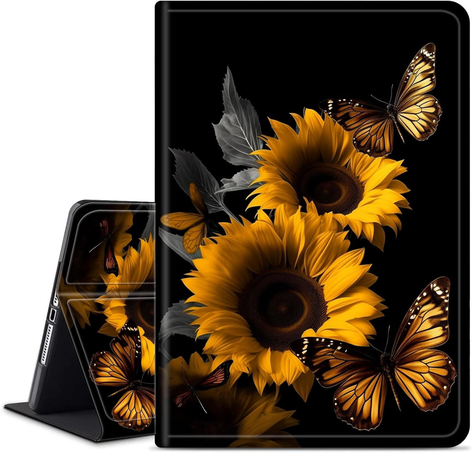 Case for iPad Air 13 Inch 2025/2024/iPad Pro 12.9 (6th/5th/4th Gen 2022/2021/2020),Slim Smart PU Leather Adjustable Stand Protective Cover with Auto Wake/Sleep,Sunflowers and Butterflies