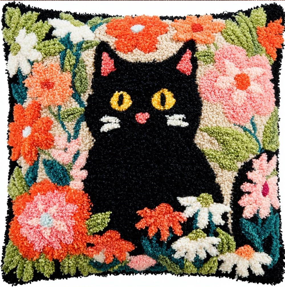 kitphoenix Latch Hook Kit Cushion Cover Black Cat and Flowers