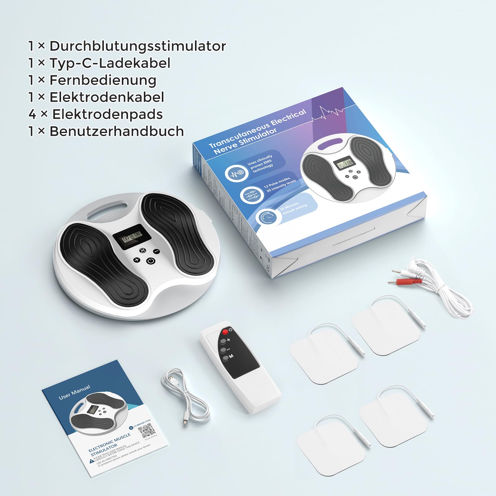 Medic Durchblutungsstimulator für Füße & Beine, EMS Fußmassagegerät, lindert Neuropathie, Knie- & Beinschmerzen, fördert die Fußdurchblutung – Elektrischer TENS Stimulator mit 4