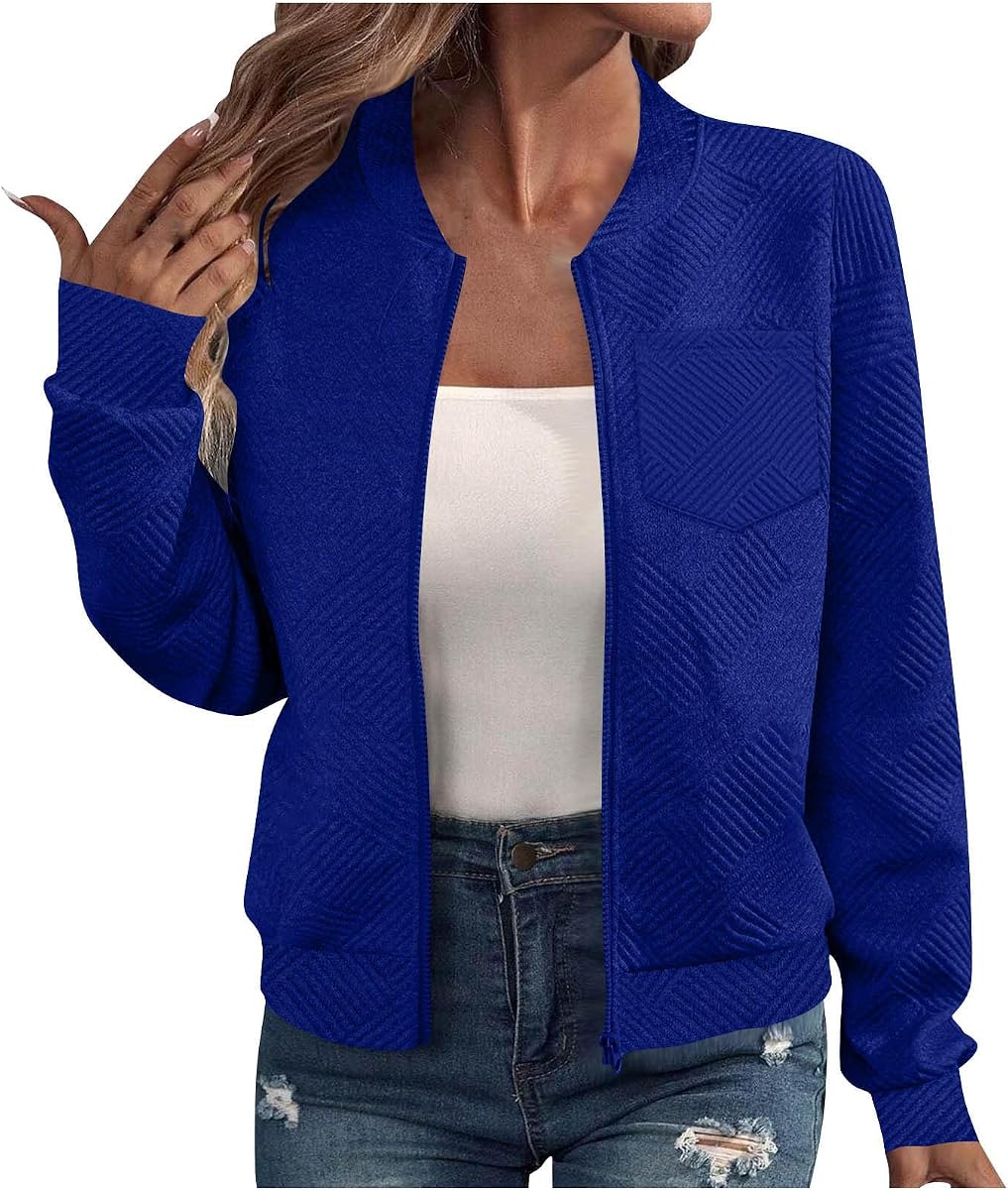 Womens Lightweight Jackets Zip Up Textured Casual Lightweight Bomber Jacket Loose Fit Comfy Long Sleeve Varsity Jacket