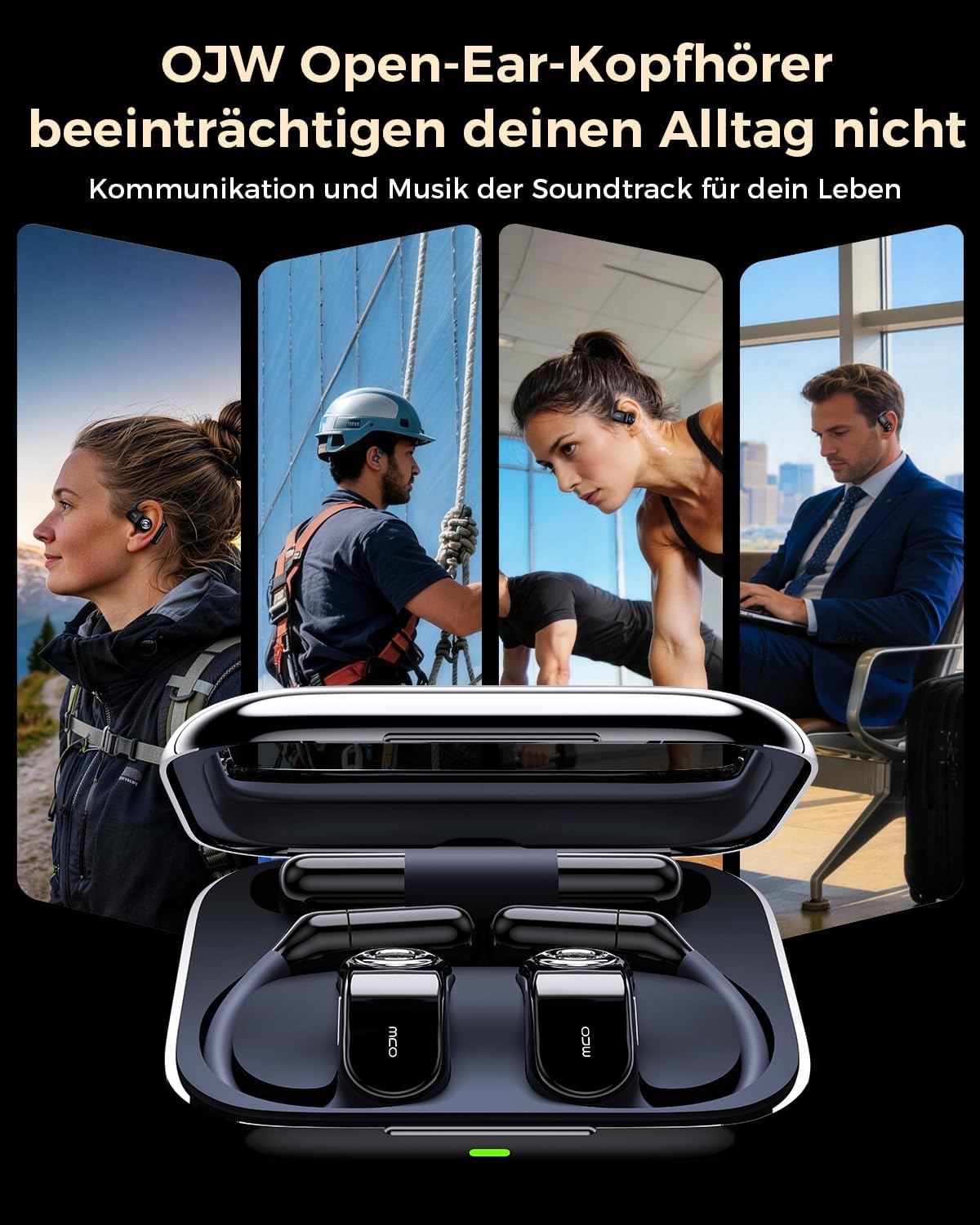 OJW Casque Bluetooth ouvert avec batterie remplaçable et batterie de rechange, jusqu'à 96 heures de lecture, casque Bluetooth avec microphone ENC, étanche IPX7 pour le sport, compatible avec iOS et