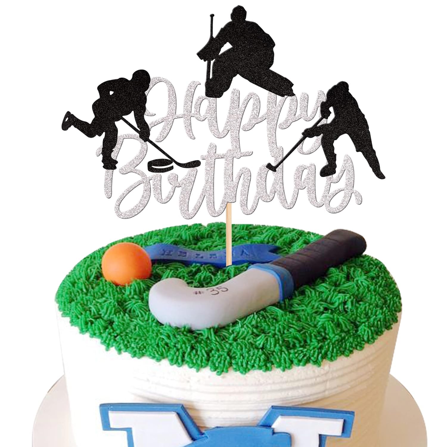Ice Hockey Cake Decoration Glitter Happy Birthday Cake Topper Ice Hockey Player Sports Cake Decoration for Hockey Theme Baby Shower Boys Girls Birthday Party Cake Decoration Black Silver — image 1