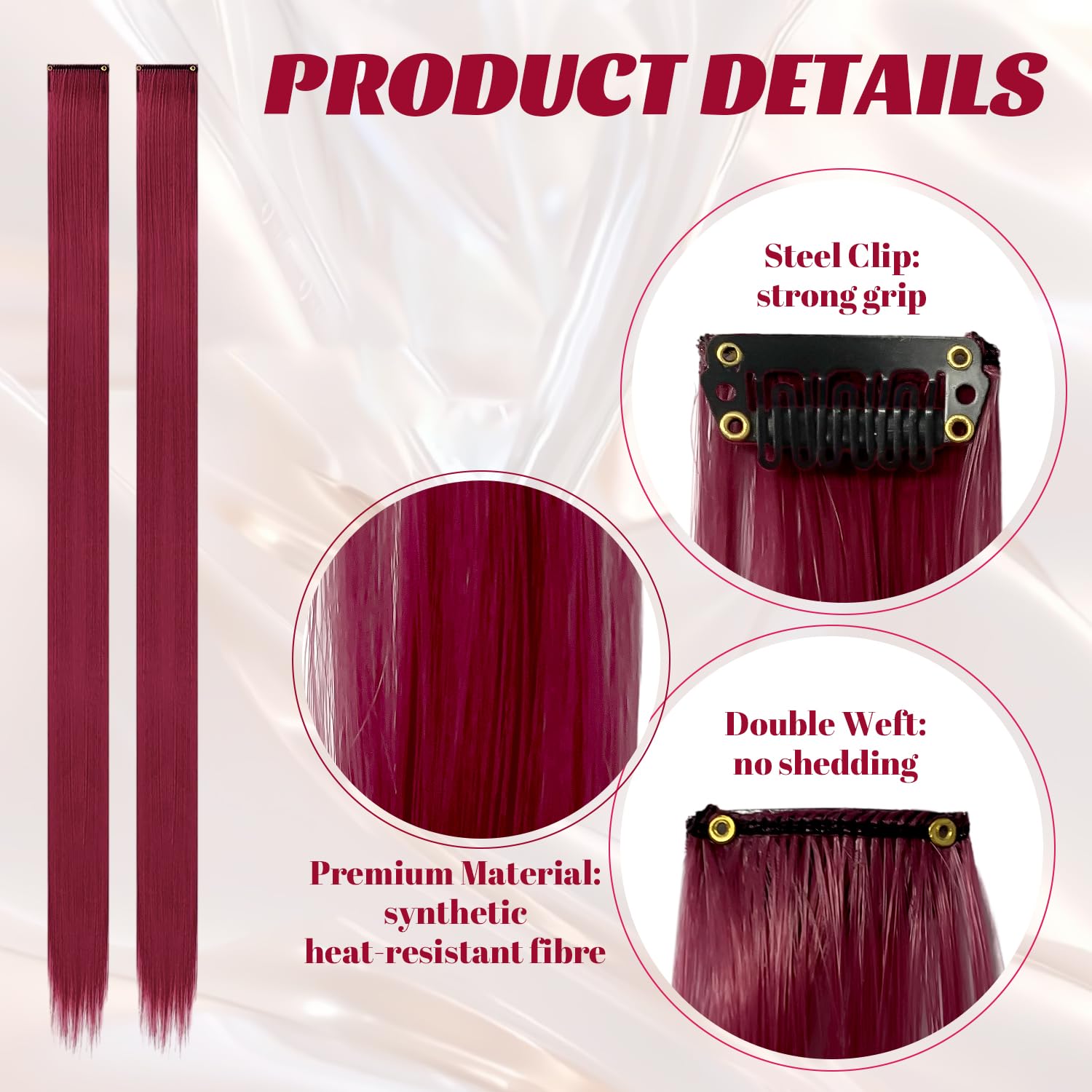 10 Pcs Red Hair Extensions, Dark Red, 22 tum - Image 3