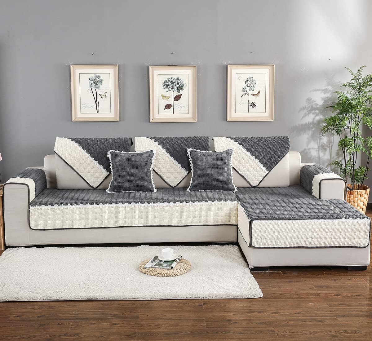 vctops Soft Corduroy Sofa Couch Cover, Plaid Sectional Couch Covers, Non-Slip Sofa Slipcover for Dogs Cats Kids(Dark Grey,28"x47")