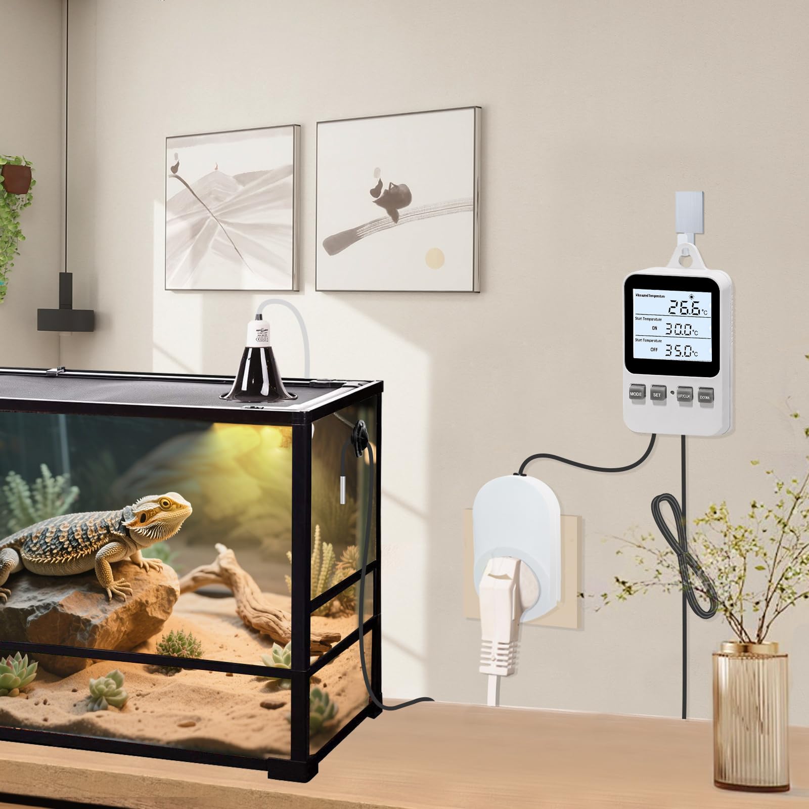 Enchufe Digital Termostato Enchufe, Calefacción Enfriamiento Controlador de Temperatura, Calentador Enfriador Interruptor, para la incubación de Calor Mat Reptil Invernaderos Terrario, 230V 16A