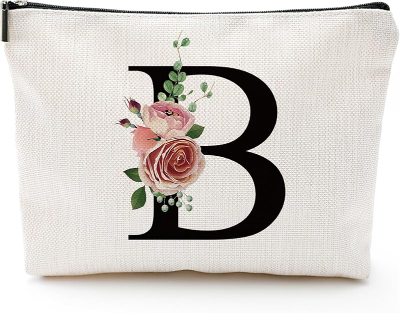 Necessaire de maquiagem Comanro com letra personalizada A-Z, estampa floral, zíper e material de linho
