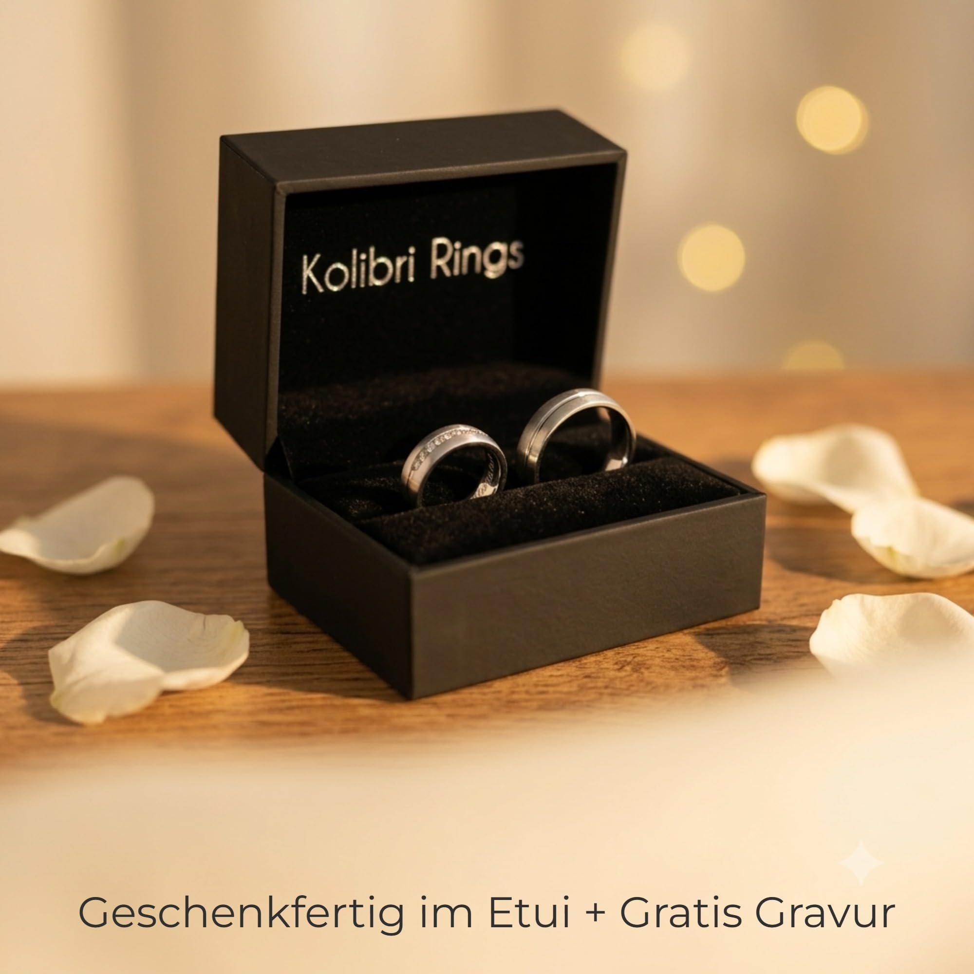 Kolibri Rings Partnerringe, Eheringe in Silber 925 rhodiniert Paarpreis | 6 Zirkonia Steine in Kanalfassung, Längsmatt mit Glanzfuge + Gravur + Etui - Made in Germany