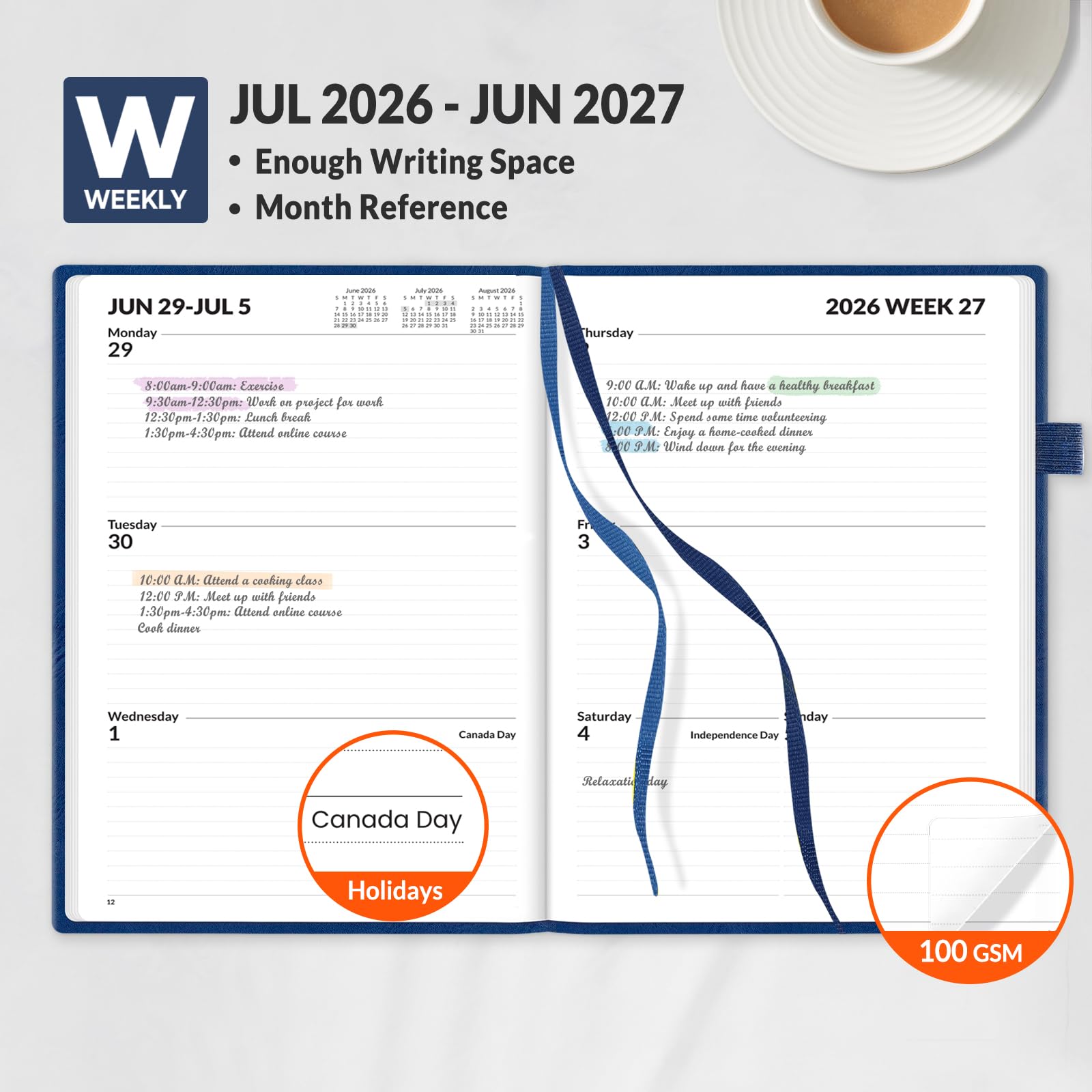 SUNEE Agenda settimanale e mensile 2026-2027, con copertina rigida, 14 x 21,1 cm, 12 mesi (luglio 2026 - giugno 2027), calendario accademico piccolo, tascabile, appunti, carta da 100 g/m², blu scuro