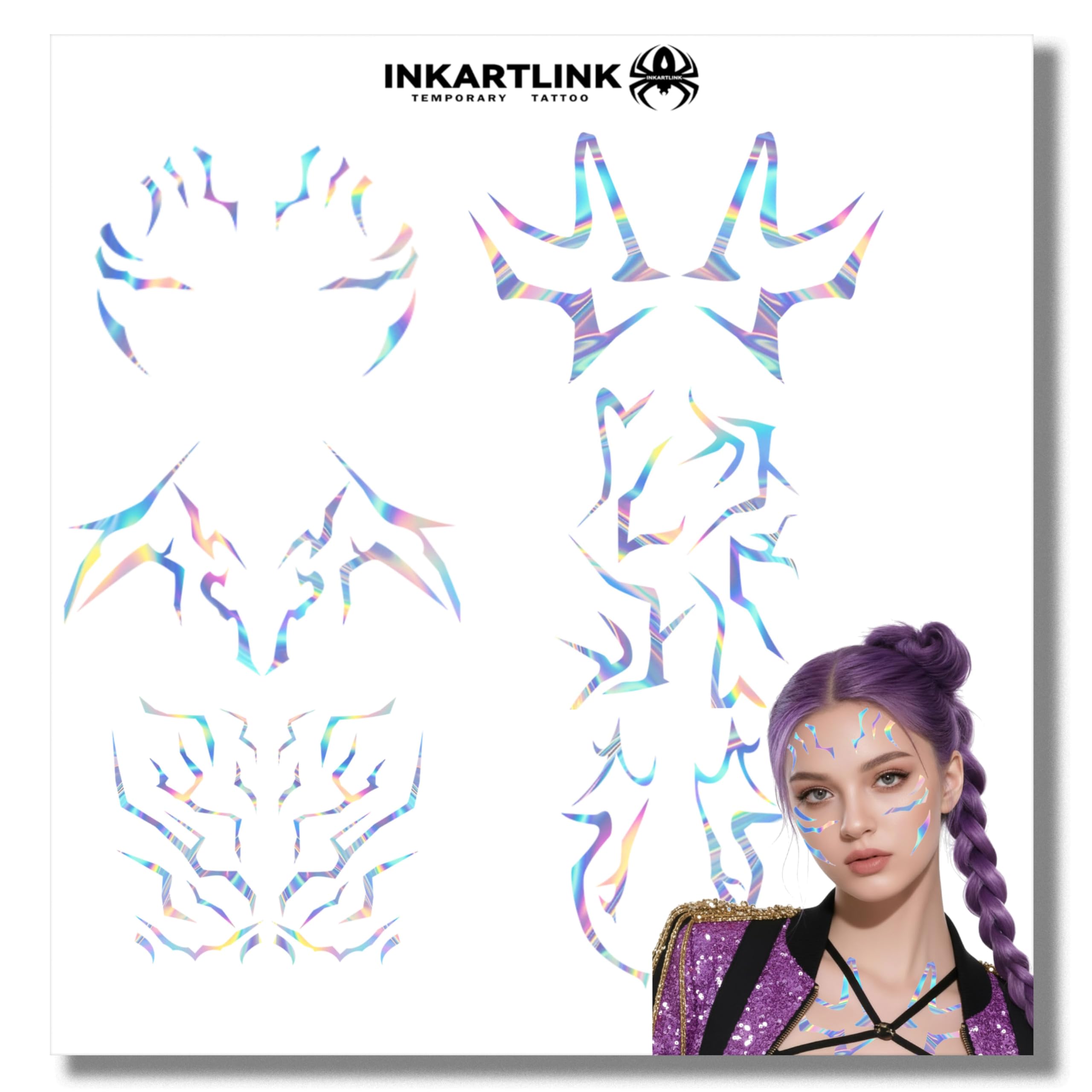INKARTLINK Rumi Tattoos Kpop Demon Movie Hunters, 8PCS Purple Lightning Patterns Tattoo Stickers, Fake Face Tattoos for Kids Women Men, Cosplay Costume Accessories(Laser).
