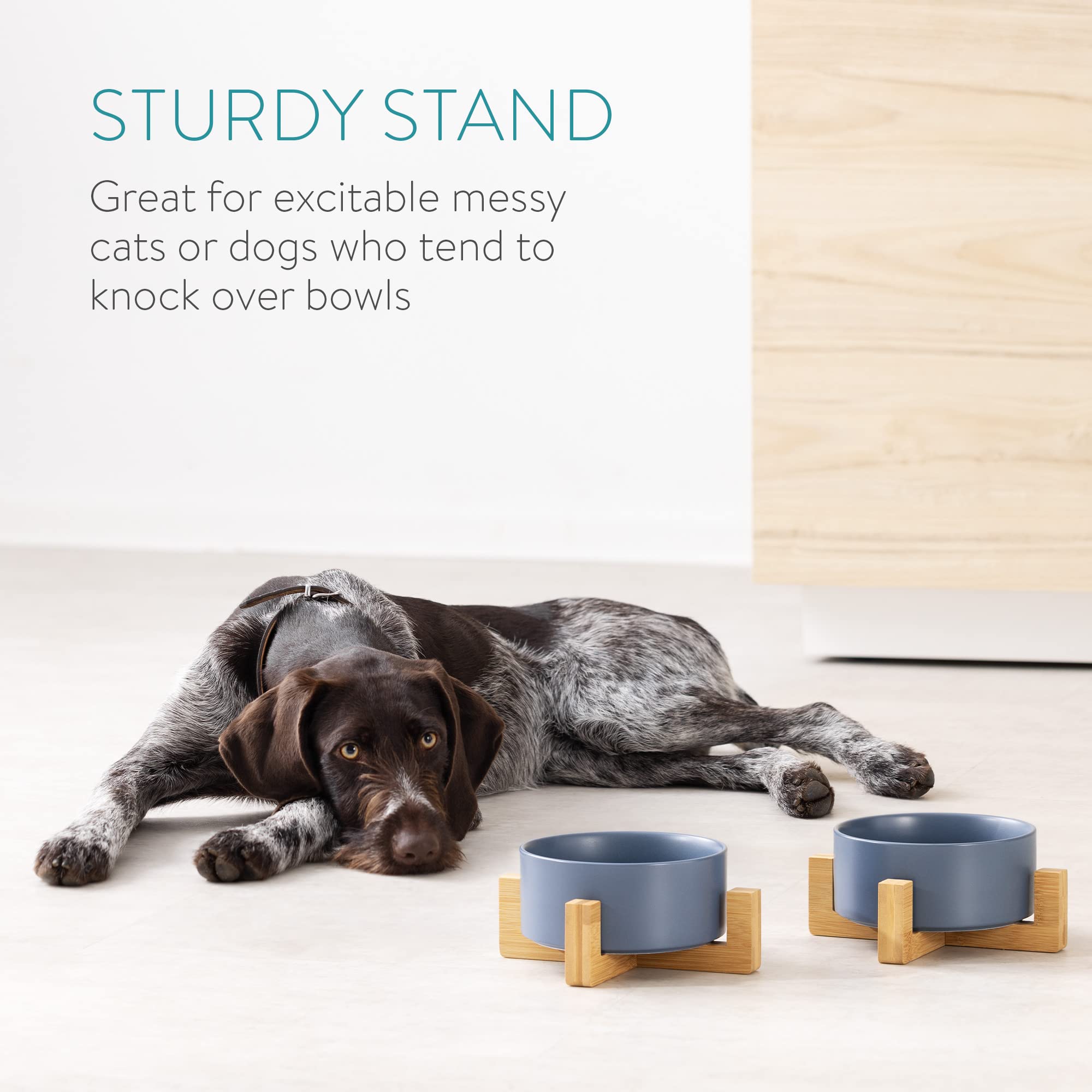 Set 2 Ciotole Rialzate Per Cani E Gatti Navaris | In Ceramica E Bamb&ugrave; | Design Scandinavo Grigio