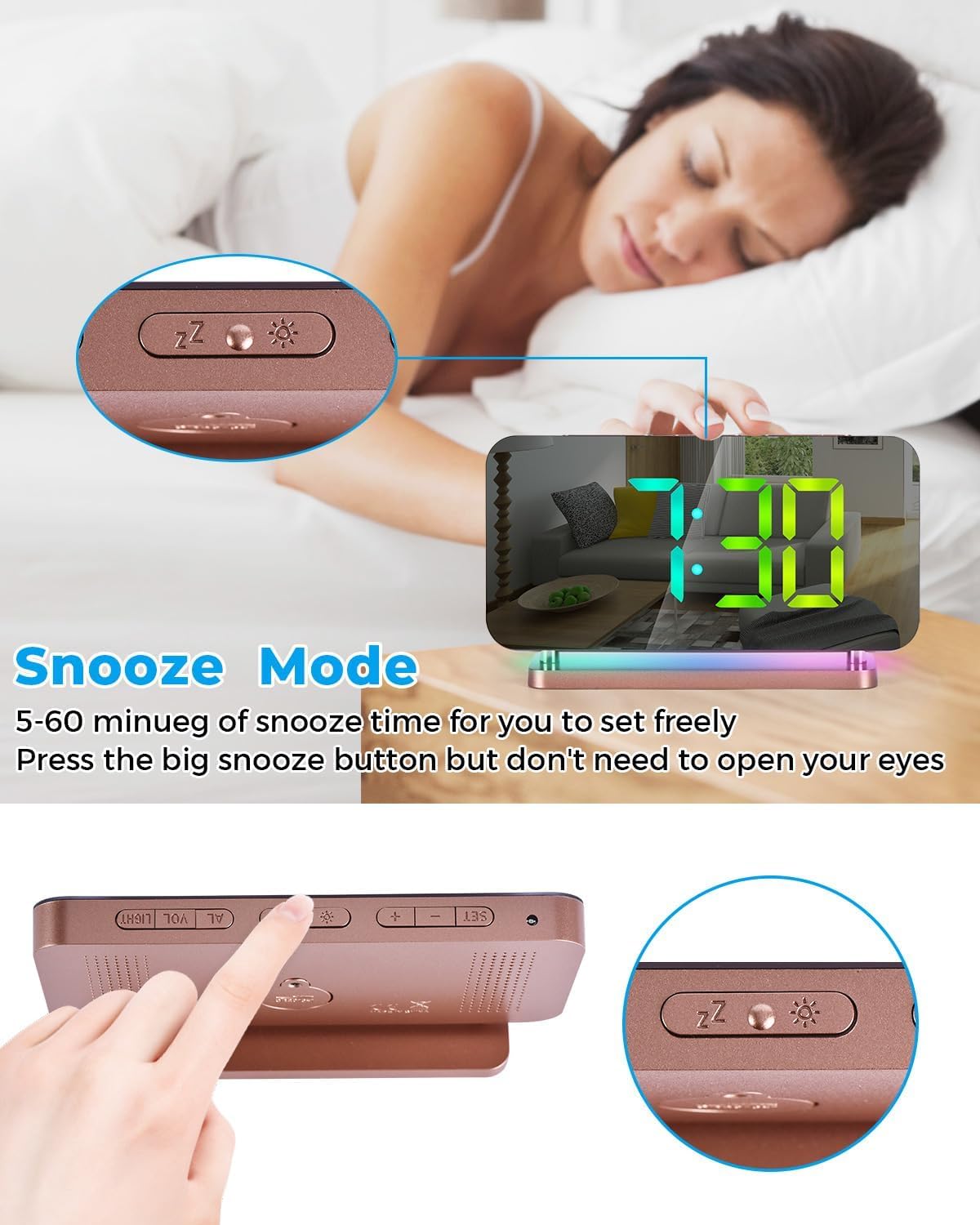 Eleven different color modes for the time display of the SZELAM RGB Digital Alarm Clock, including Random Color, RGB Cycle, RGB Flowing (up), RGB Flowing (down), White, Red, Yellow, Green, Light Blue, Blue, and Purple.