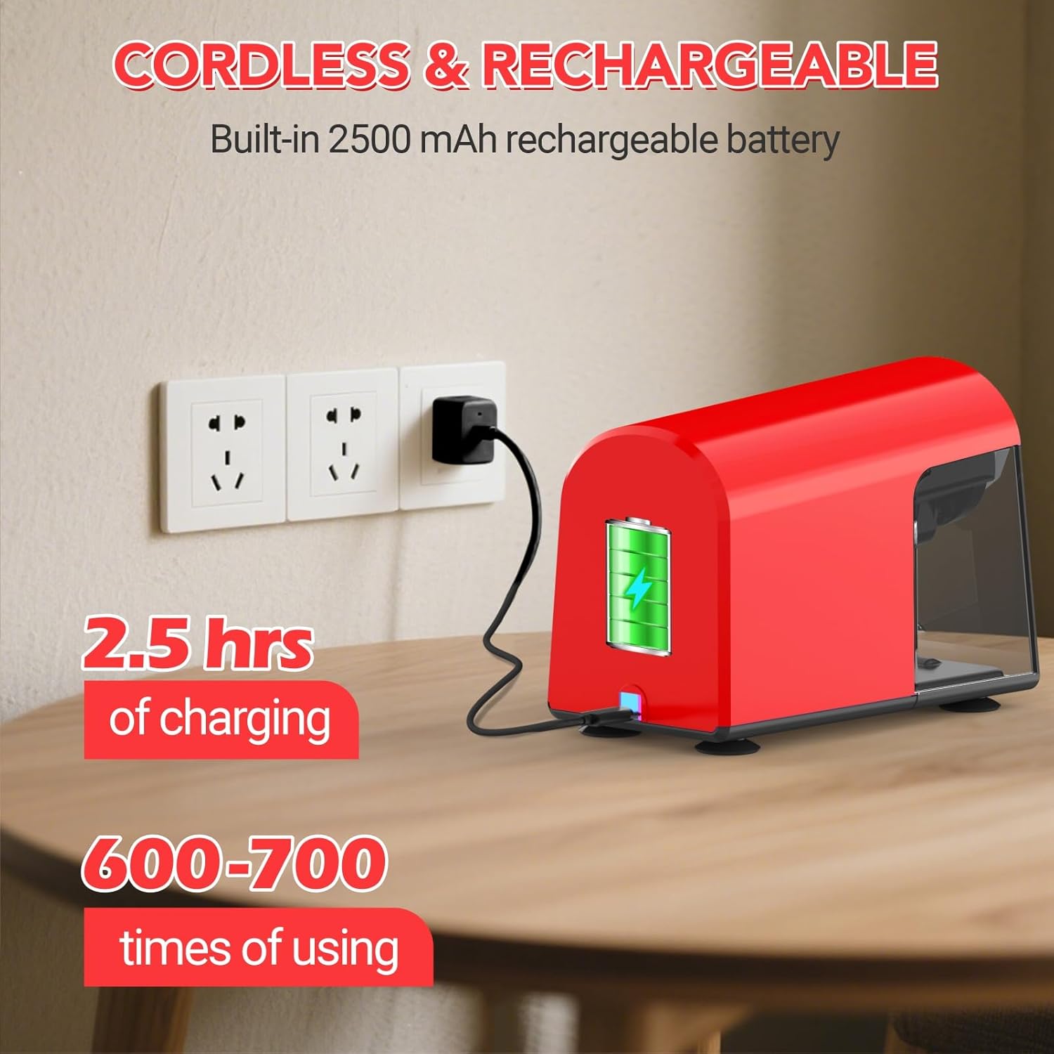 AFMAT Electric Pencil Sharpener Heavy Duty, 6 Holes, Cordless & Rechargeable, Fast Sharpen, Auto Stop, 10K+ Uses, Classroom Pencil Sharpener for 6-11mm No.2/Large/Colored Pencils PSD2(Red)