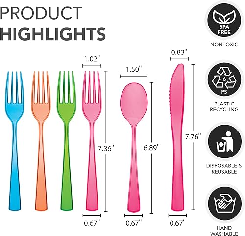 Miniatura 2 de Party Essentials Paquete combinado de cubiertos de plástico duro de alta resistencia, 144 piezas48 lugares, varios brillantes neón