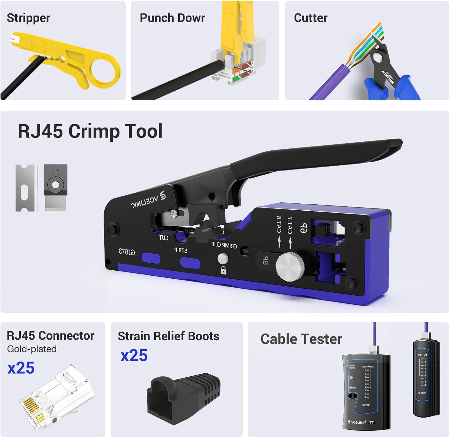 VCELINK RJ45 Crimp Tool Kit for CAT7/6A/6/5E/5, Upgraded Network Tool Set with an Ethernet Crimper, Cable Tester, 25 RJ45 Ends & Boots, Cable Tester, Wire Stripper and Keystone Puncher in a Cloth Bag