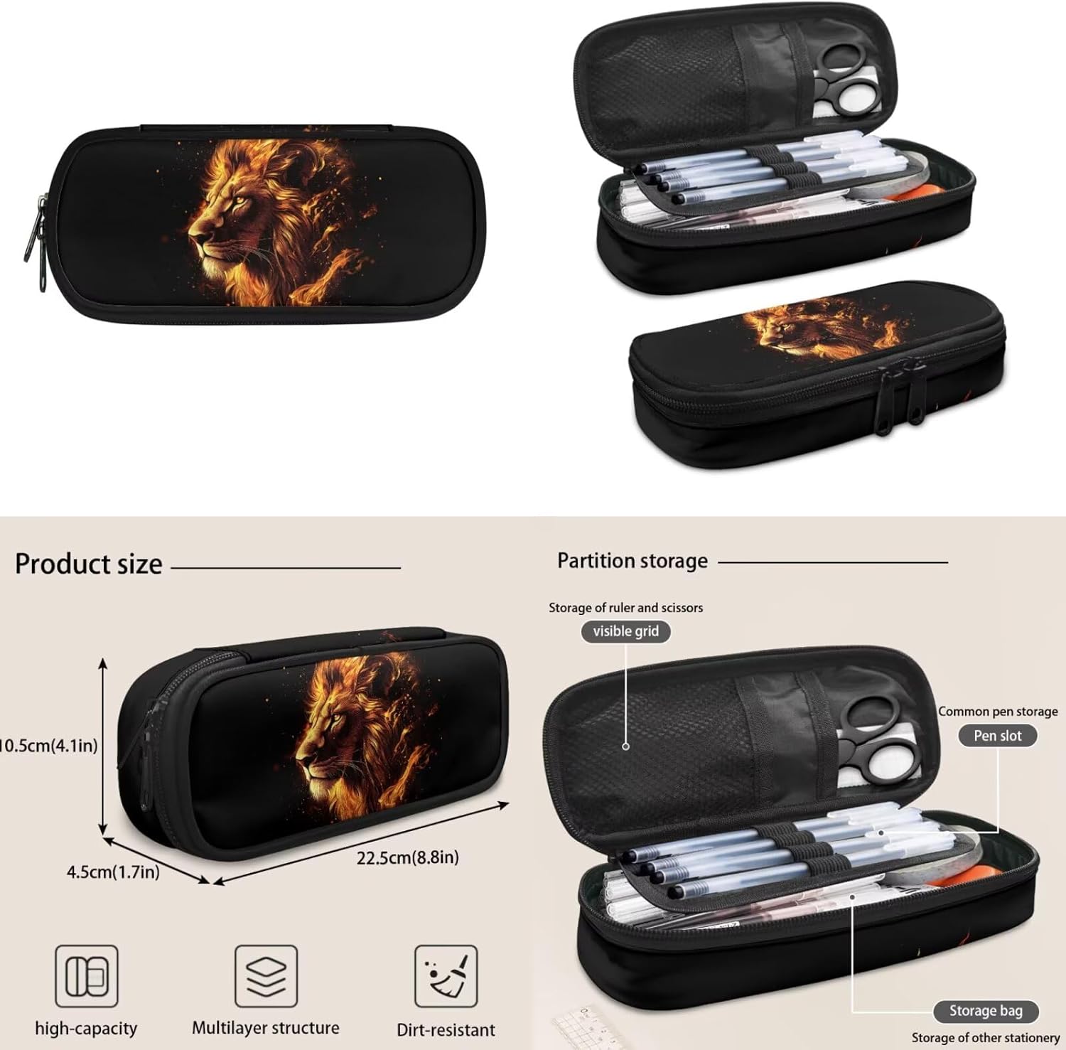 YEXIATODO Fire Lion Backpack for Kids Boys with Lunch Box Pencil Case Key Chain Teen Schoolbag Set Middle School Bookbag Travel Hiking Cycling Rucksack Daypack Sets