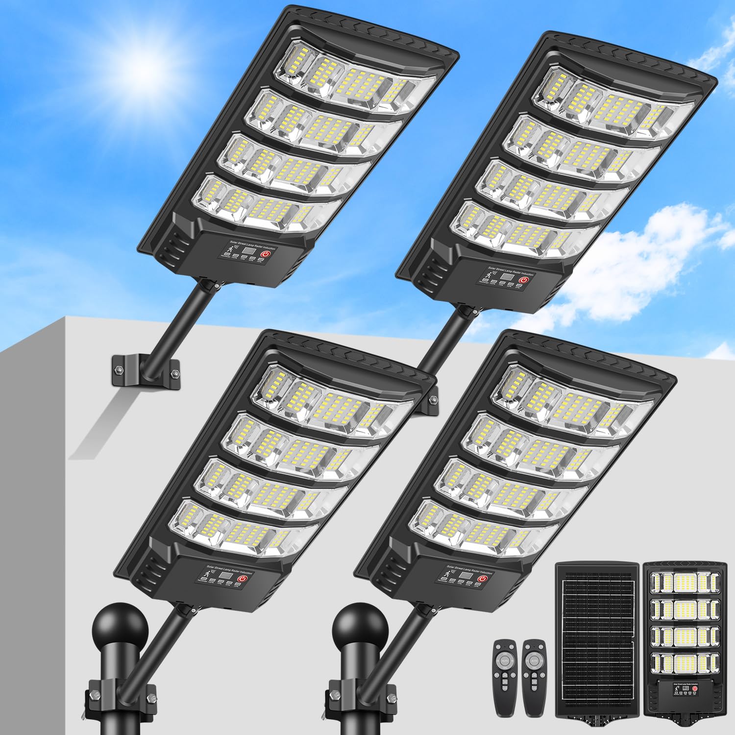 LEKIA Solarlampen Draußen Wasserdicht, 6000K Dämmerung Solar Straßenleuchte Bewegungssensor mit Fernbedienung, 320°Weitwinkel LED Sicherheitsleuchte, Solarleuchten für Garten, Hof, Parkplatz, 4 Stück