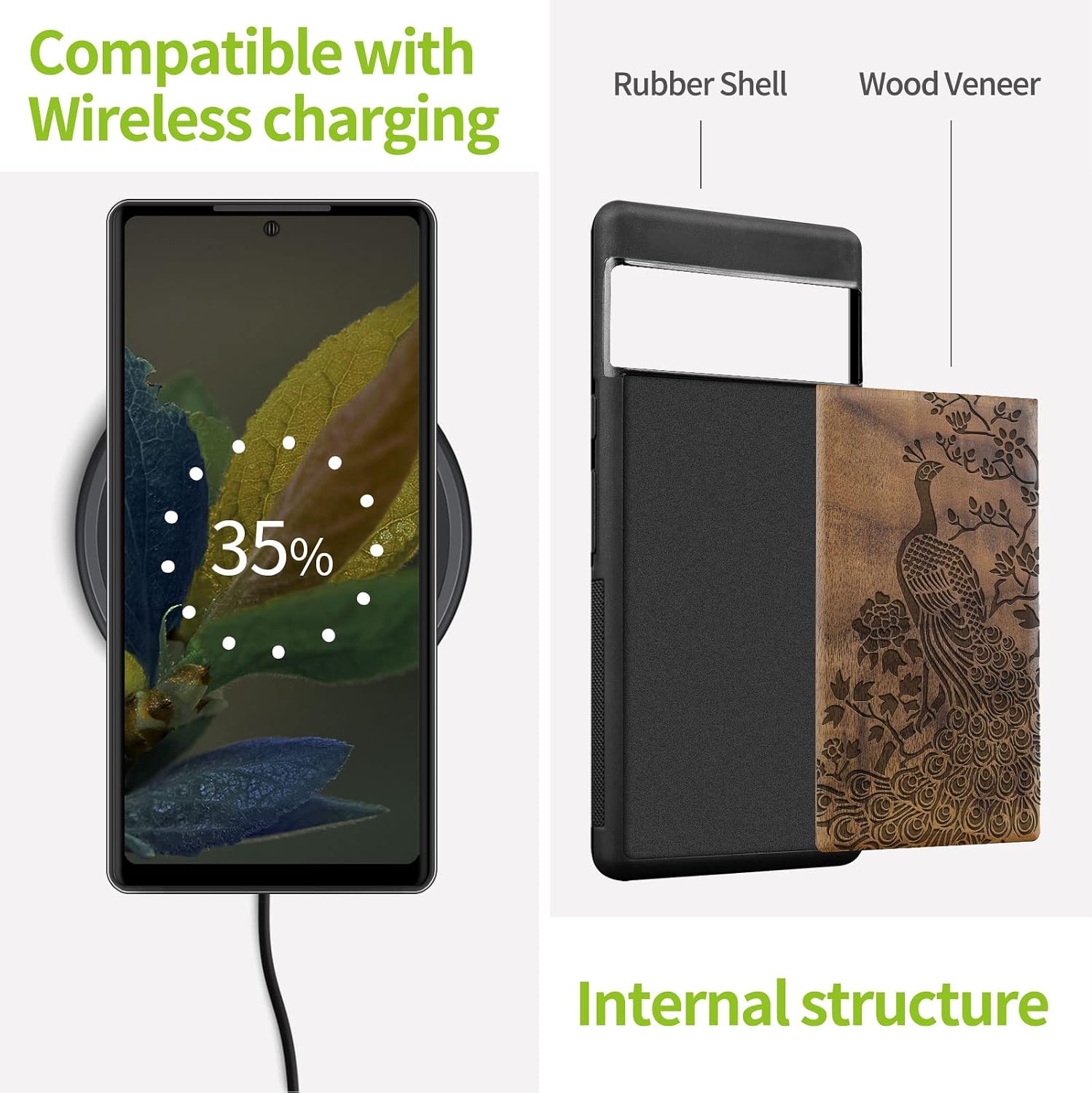 Carveit Wood Case for Pixel 7 Case [Natural Wood & Black Soft TPU] Shockproof Protective Unique & Classy Wooden Cover Compatible with Google Pixel 7 (Peacock Carving-Walnut)