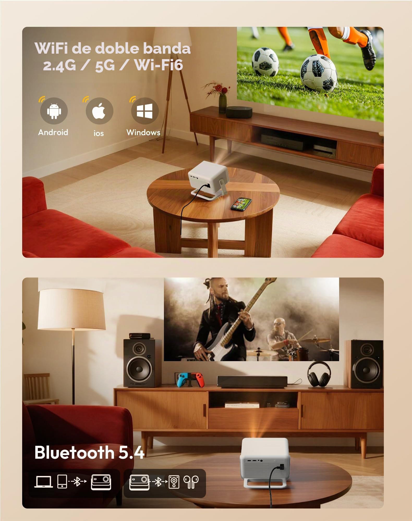 Proyector Xgody con certificación Netflix, resolución nativa 1080P, Compatible con 4K, 700 ANSI, Enfoque automático y Asistente de Voz. Proyector Inteligente N6PRO, WiFi 6, Bluetooth 5.4.