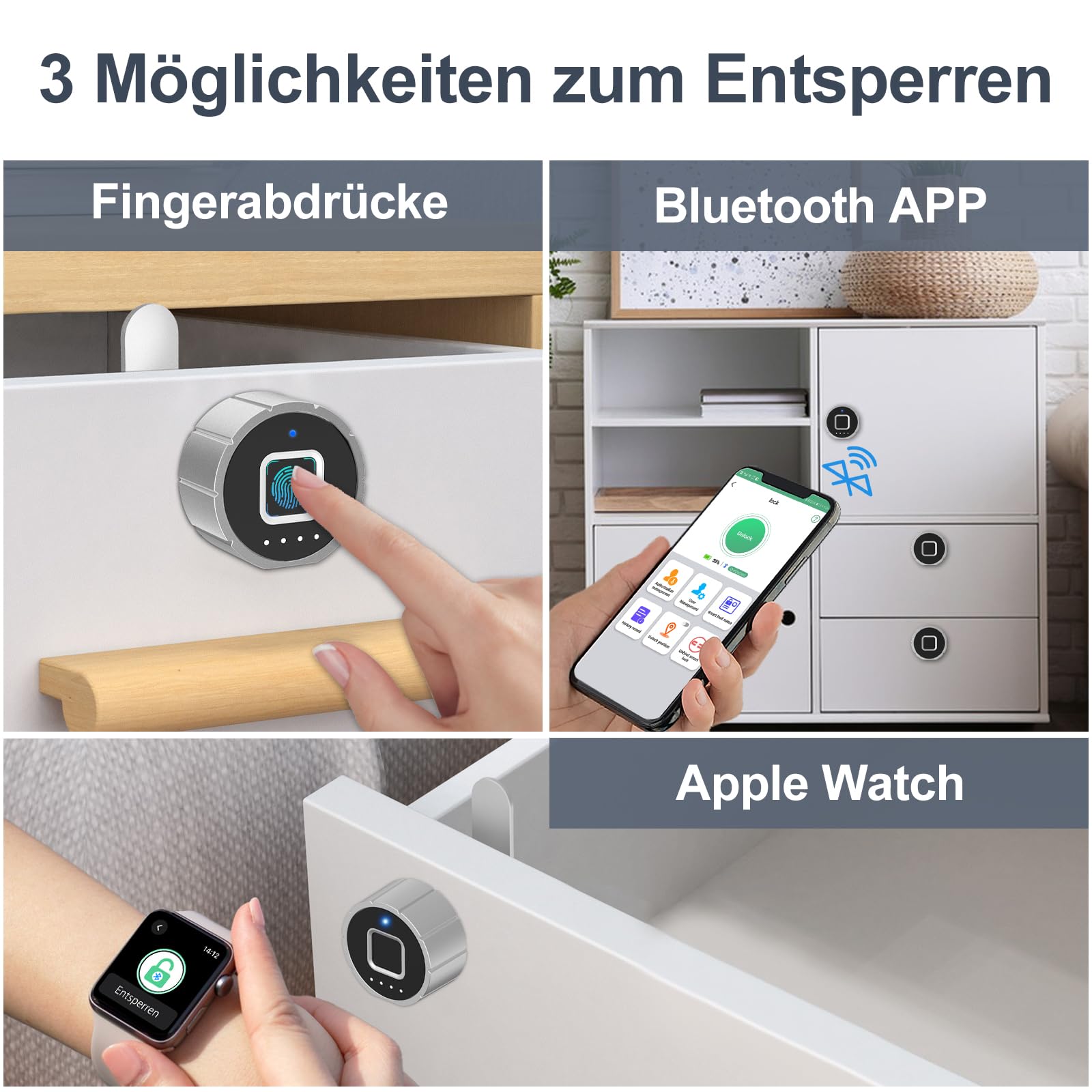 Fingerabdruck Schloss, Eseesmart Briefkastenschloss mit APP Fingerabdruck, Elektronisches Schrankschloss mit 3 Schließzunge, Schubladenschloss für Spind Möbel 20mm