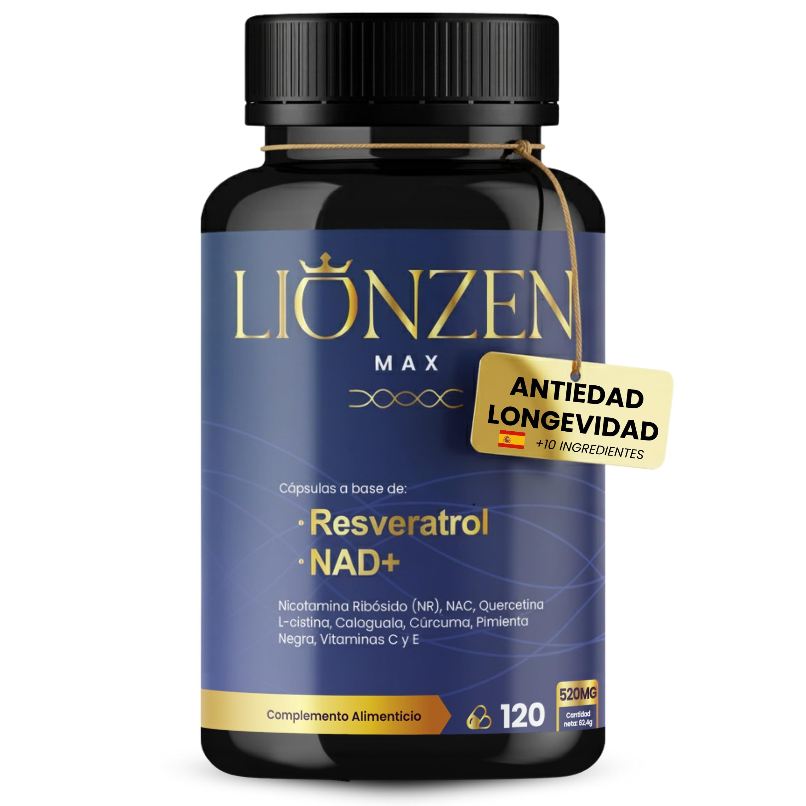 NAD Resveratrol puro 1000mg Antienvejecimiento Energía Celular Nicotinamide Riboside Quercetina NAC Cúrcuma Lionzen Max