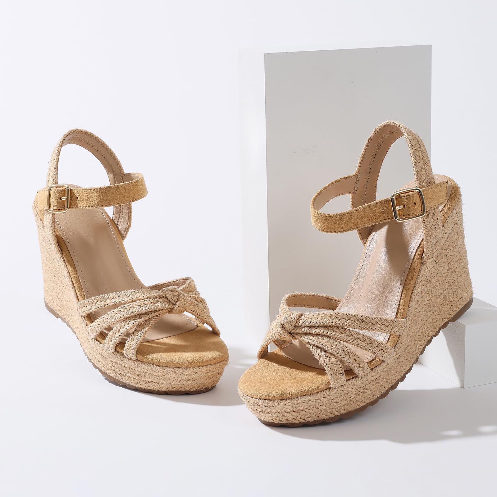 mikarka Sandals for Women 2026: Comfortable Wedge Platform Sandals Women - Braided Espadrilles for Women Ankle Strap Open Toe Wedges Heels Beach Sandals Summer Shoes: 9 3.94" Wedge Heel/Light Brown