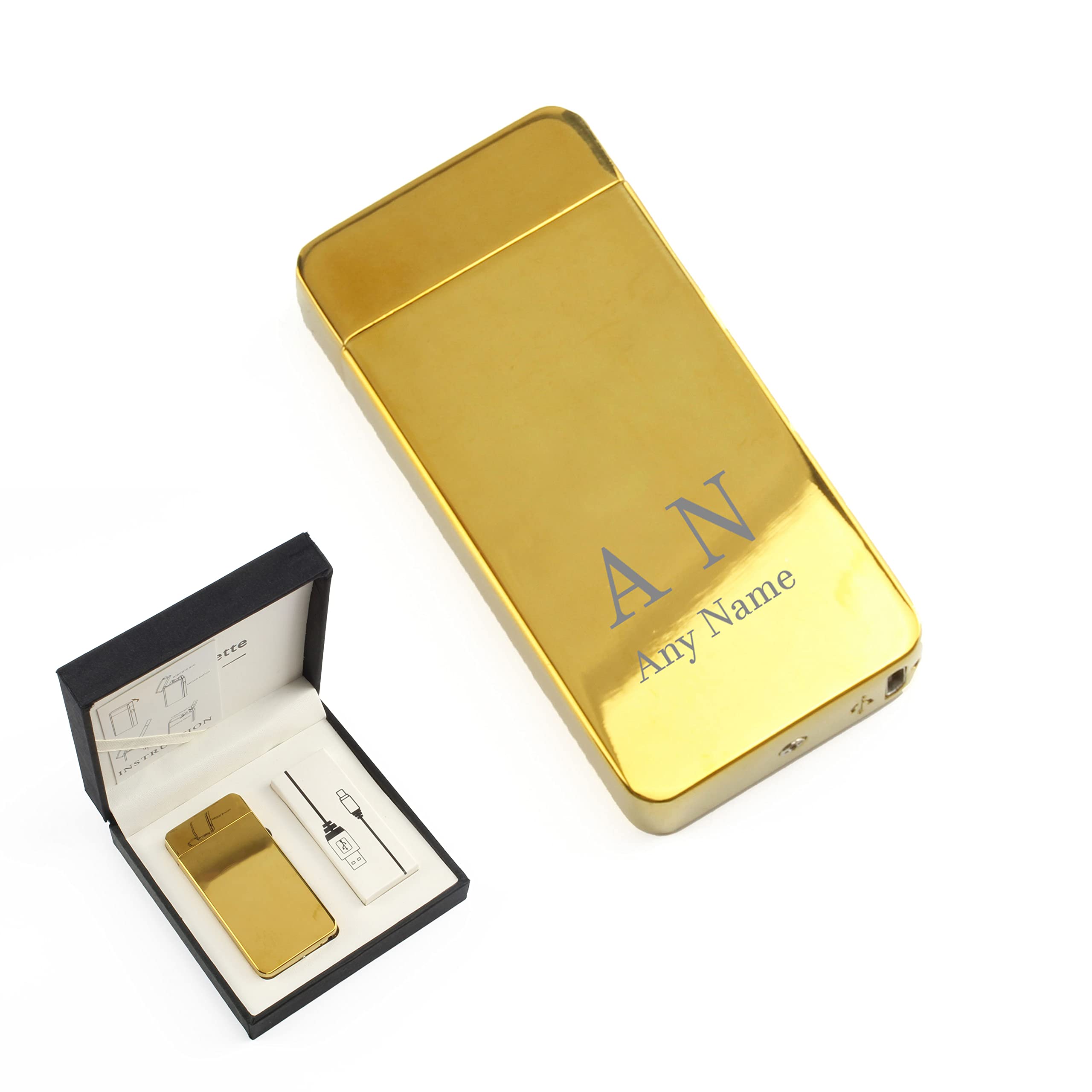 Personalised Engraved Reflective Gold Electric Lighter, Arc Lighter, Comes with Presentation Box, USB Rechargeable, Initials Design, Gift for Him, Engraved in The UK