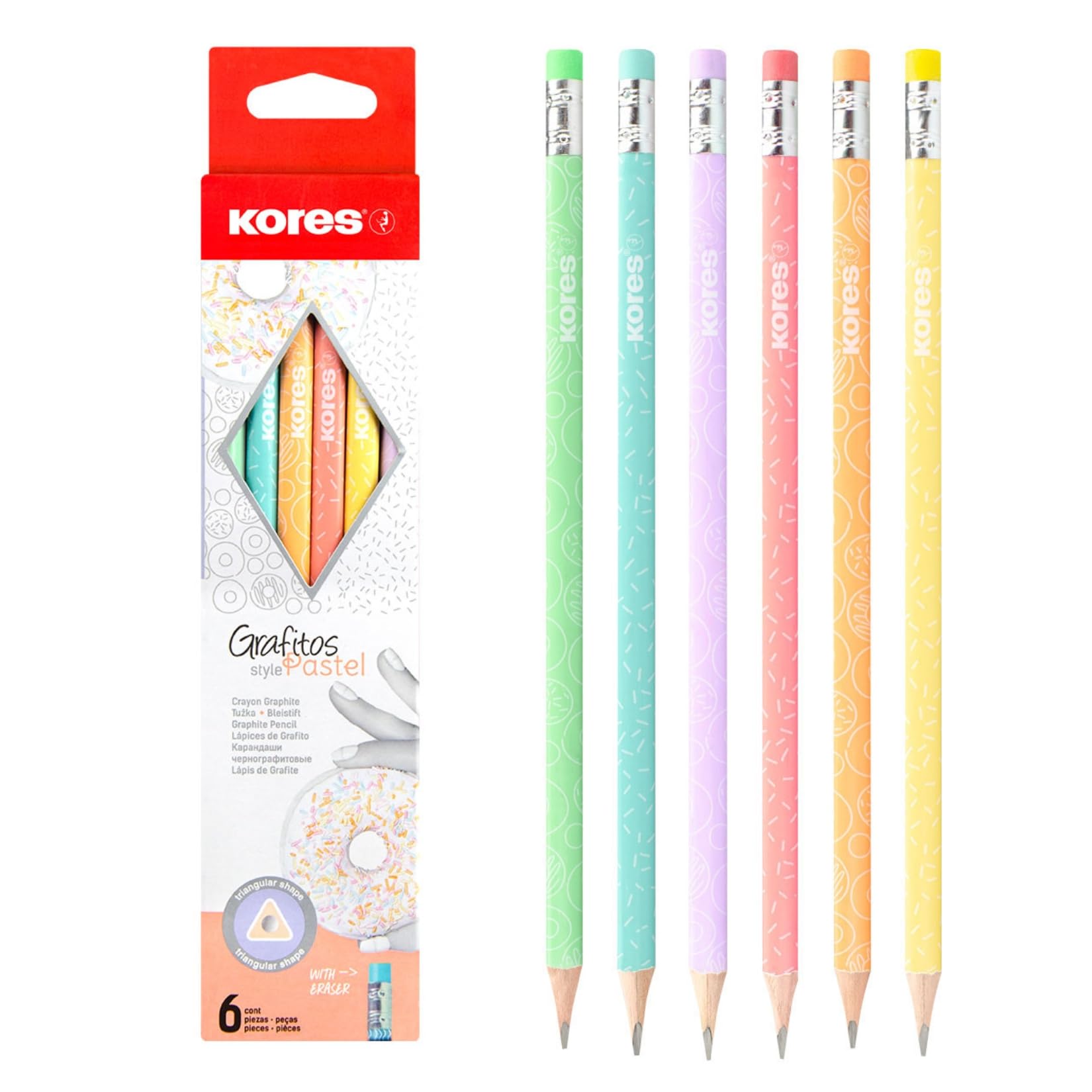 Kores Grafitos Pencils Set - Pastel Coated, HB, Soft, Triangular - Drawing Pencils, Pack of 6 with Rubber