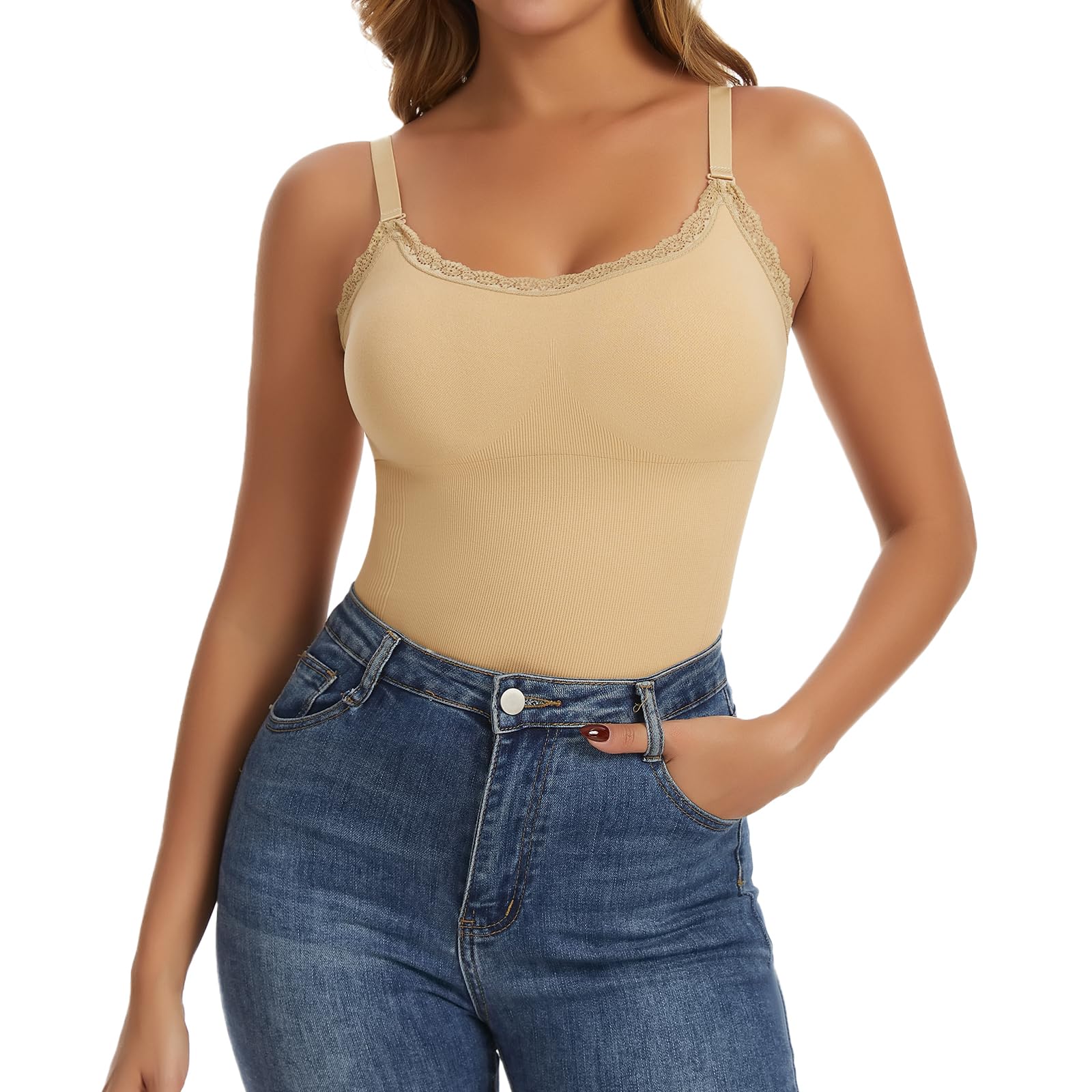 Joyshaper Damen BH Unterhemd mit Spitze Shapewear Hemden Bauchweg Gepolsterte Trägertop Nahtlos Body Shaper Kompression Tank Top