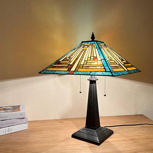 Miniatura 2 de Tiffany - Lámpara de mesa de 16 pulgadas, color verde, hecha a mano, con vitral, para lectura, 2 luces, estilo misión, mesita de noche antigua,