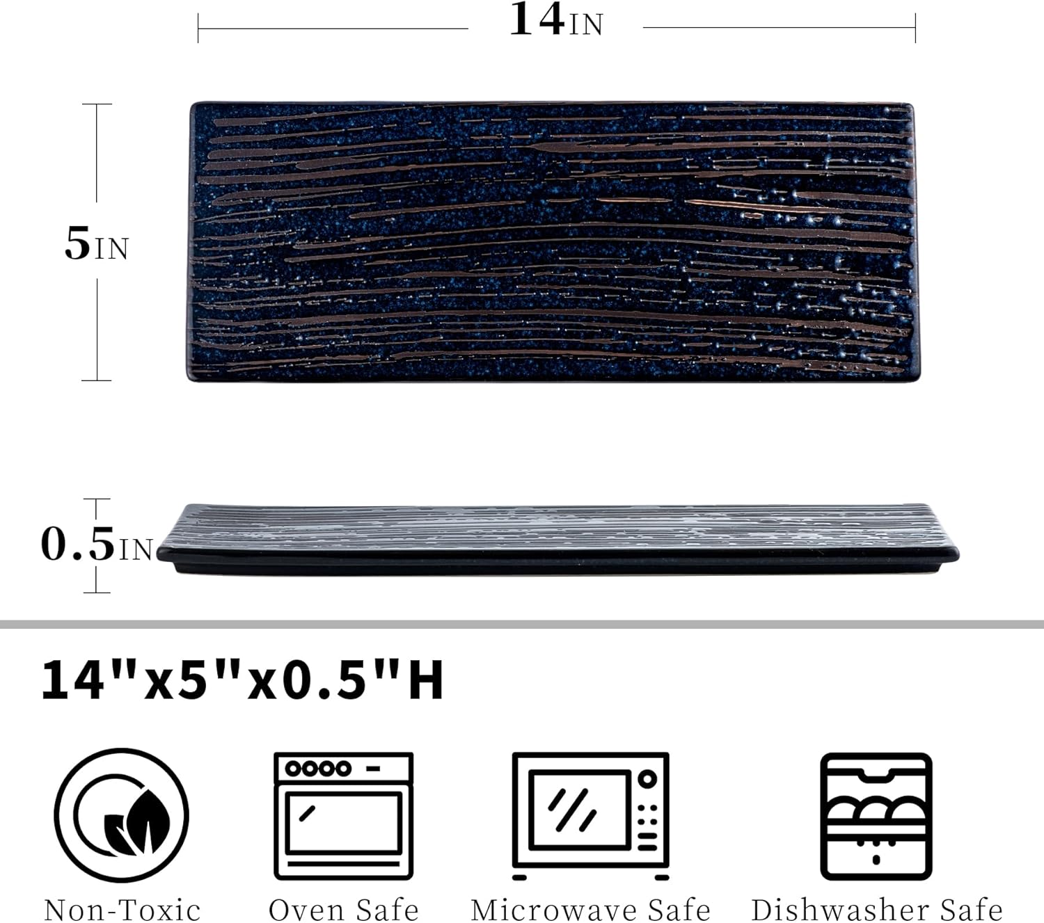 Serving Platter Ceramic Flat Tray-14 inch Large Serving Plate for Party,Sushi,Appetizer,Vegetable,Salad,Set of 2,Uaral(Midnight Blue)