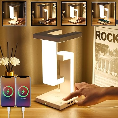 Lámpara de mesa, lámparas de noche con puerto USB, cargador inalámbrico, 3 modos de luz, lámpara táctil regulable, luz nocturna LED levitante de