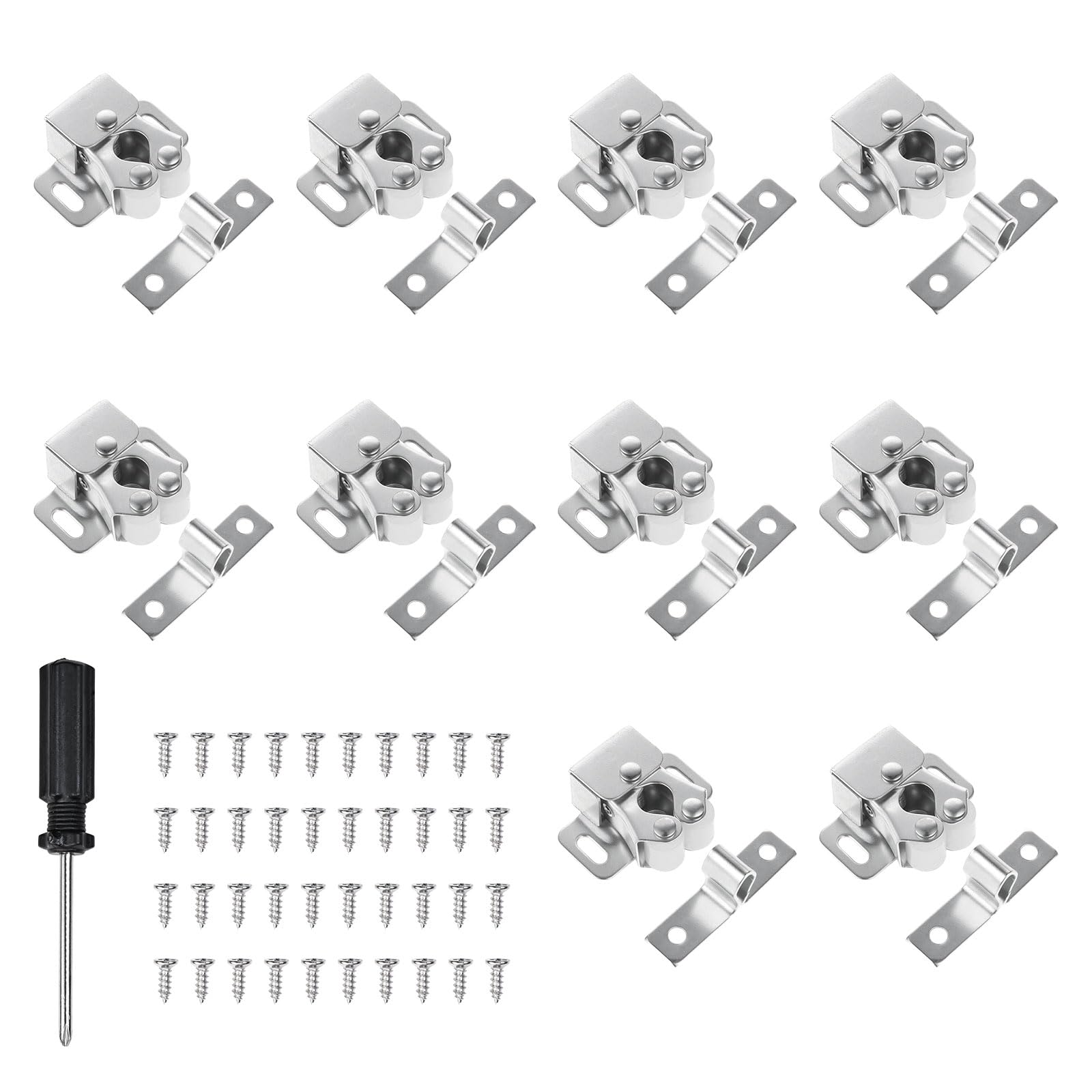 10 Pcs Cabinet Latch Double Roller, Roller Catch for Cupboard Latch, Wardrobe Lock, Door Catches and Latches, Comes with Screws and 1 Black 4mm Cross Screwdriver (Nickel Color)