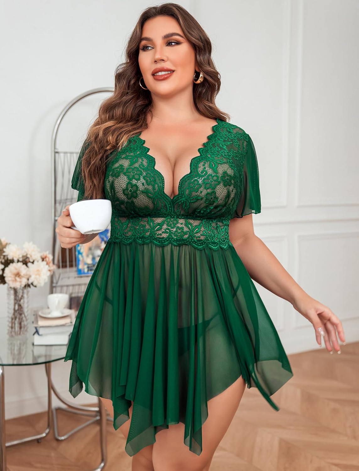 Avidlove Women's Plus Size Babydoll Floral Lace Lingerie Deep V Nighty Mesh Sleepwear - Image 4