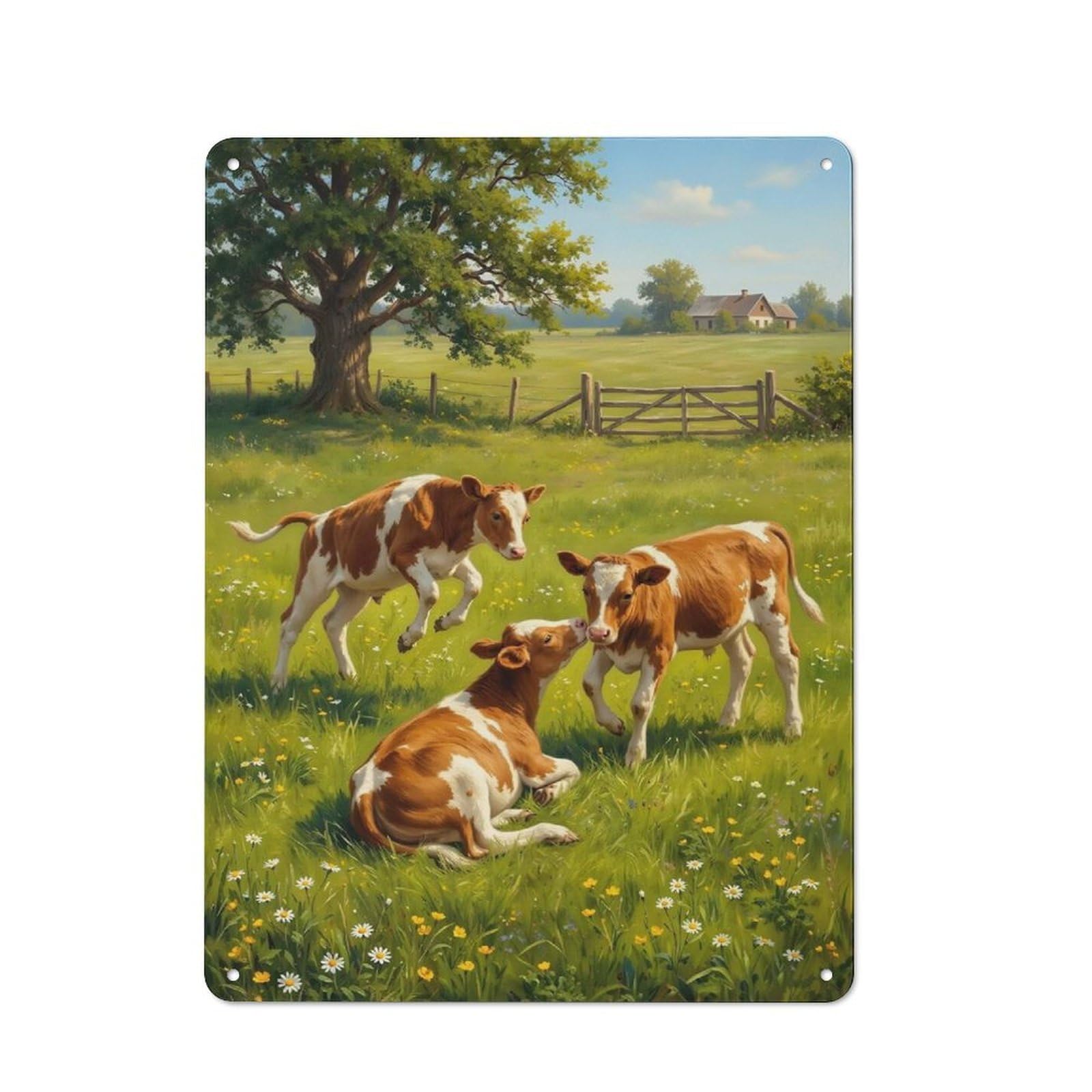 Junmoney Style-9 Vintage Tin Sign With Calves Playing In A Summer Meadow Design 40X30cm, Vintage Cafe Wall Decor For Coffee Bar, Kitchen, Bistro Or Tea Corner