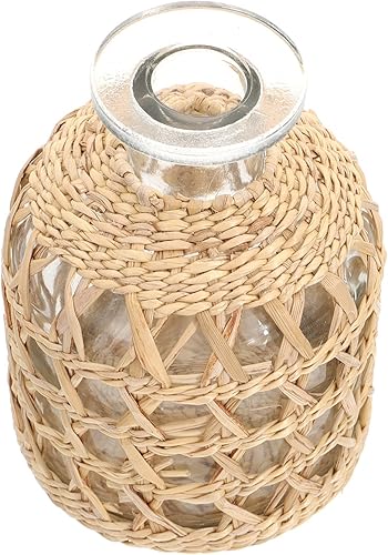 Housoutil 1 jarrón de mimbre de flores, jarrón redondo decorativo de vidrio con cubierta de ratán, recipiente de vidrio con pajita tejida para
