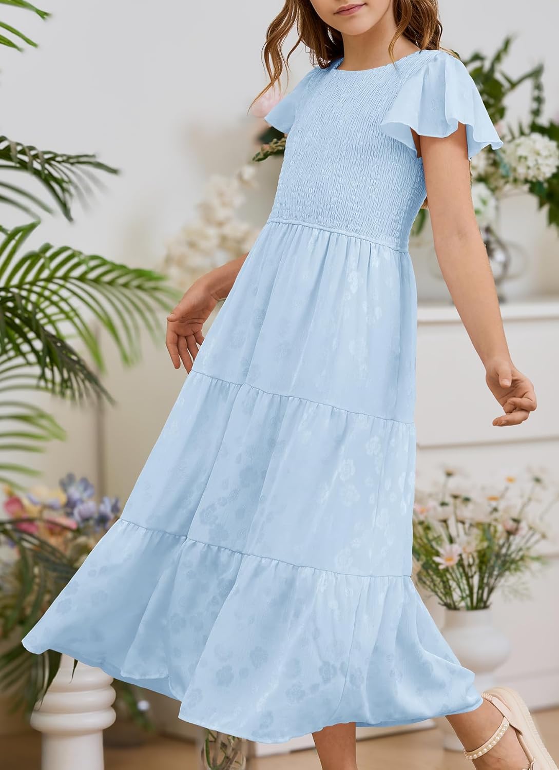 YOVION Flower Girls Dress Elegant Ruffle Sleeve Smocked A Line Tiered Flowy Wedding Guest Maxi Dresses for 6-12 Years - Image 6