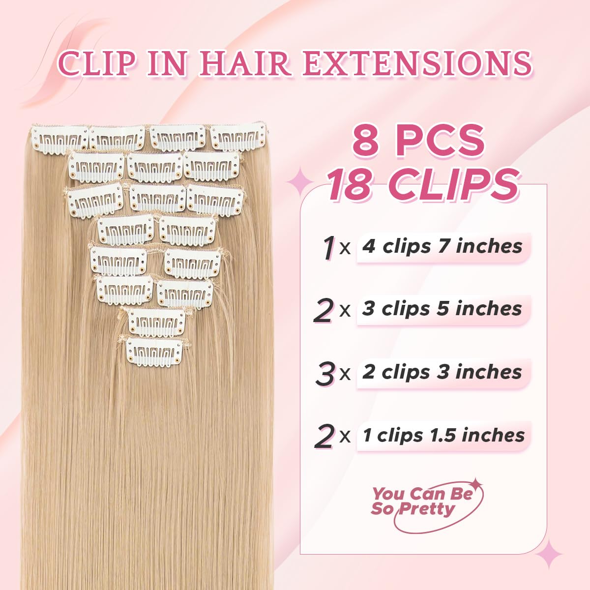 SEGO Pro Clip in Hair Extensions 8 Pcs 18 Clips Full Head Synthetic Fiber Hair Pieces for Women Straight 26 Inch (Ash Blonde) - Image 2