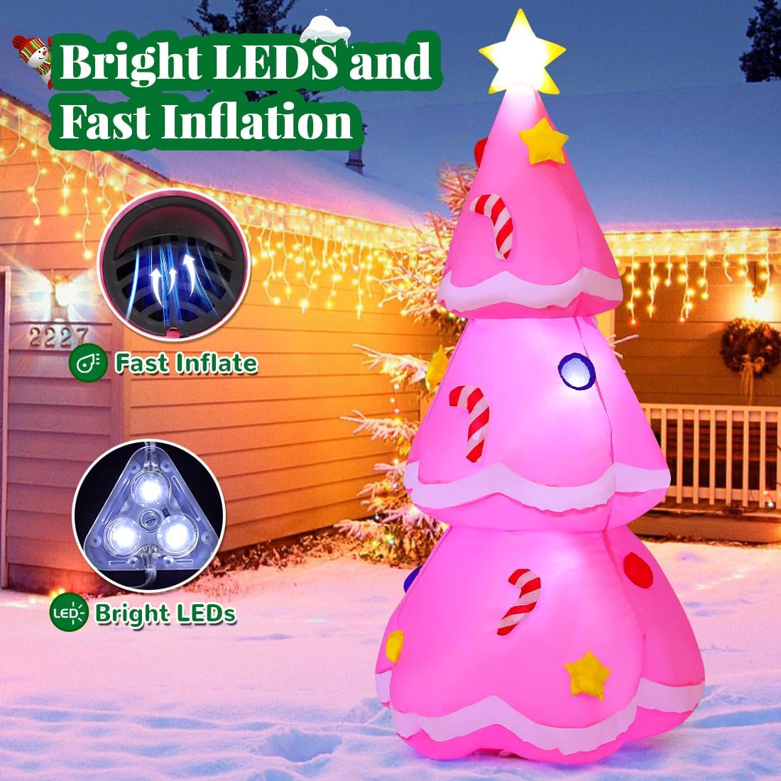 GOOSH 5 FT Christmas Inflatables Pink Tree with Built-in Music Box & LEDs Outdoor Decorations Blow Up Tree Yard Decoration for Xmas Holiday Party Indoor Garden Lawn Decor