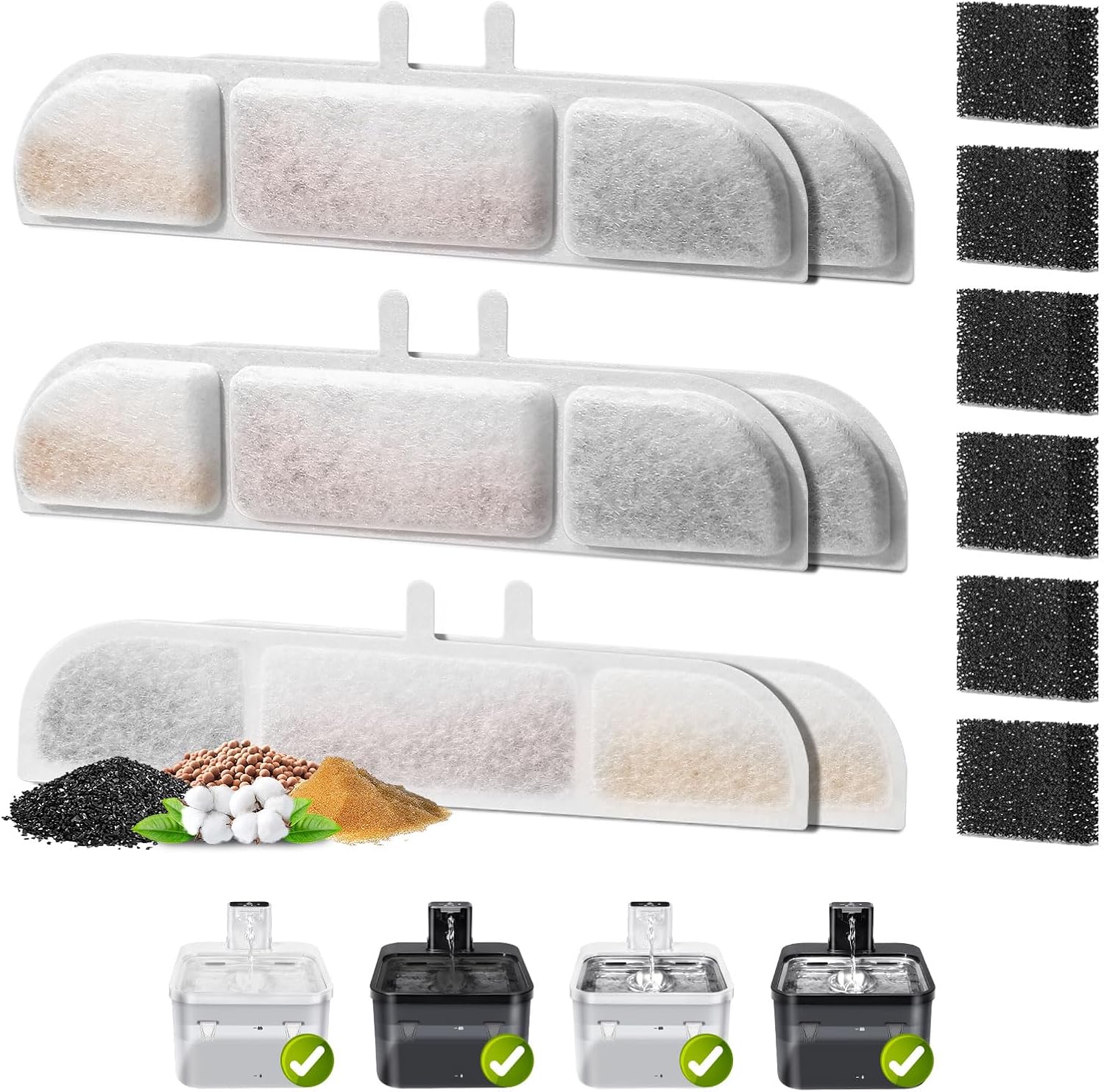 6 Pack Replacement Filters for 84oz/2.5L Fursink Pet Water Fountain, ZEKIRY Cat Water Fountain Filters, Triple Filtration Pet Fountain Filter Replacement(6 Filters & 6 Sponges)