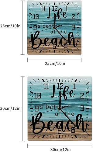 Miniatura 7 de Life is Better at The Beach Wooden Wall Clock Silent Non Ticking, Summer Beach Teak Ombre Square Wall Clock Battery Operated, Decor Clock for Home