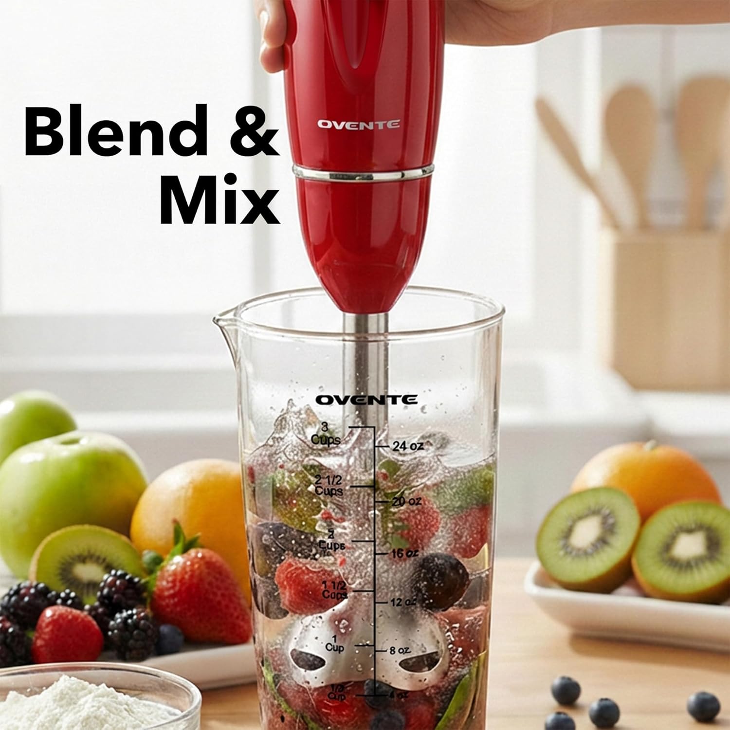 OVENTE Immersion Hand Blender Set, 300W Corded Electric Handheld Stick Mixer, 2 Mixing Speeds with Stainless Steel Blades, Egg Whisk, Beaker & BPA-Free Food Chopper, Red HS565R