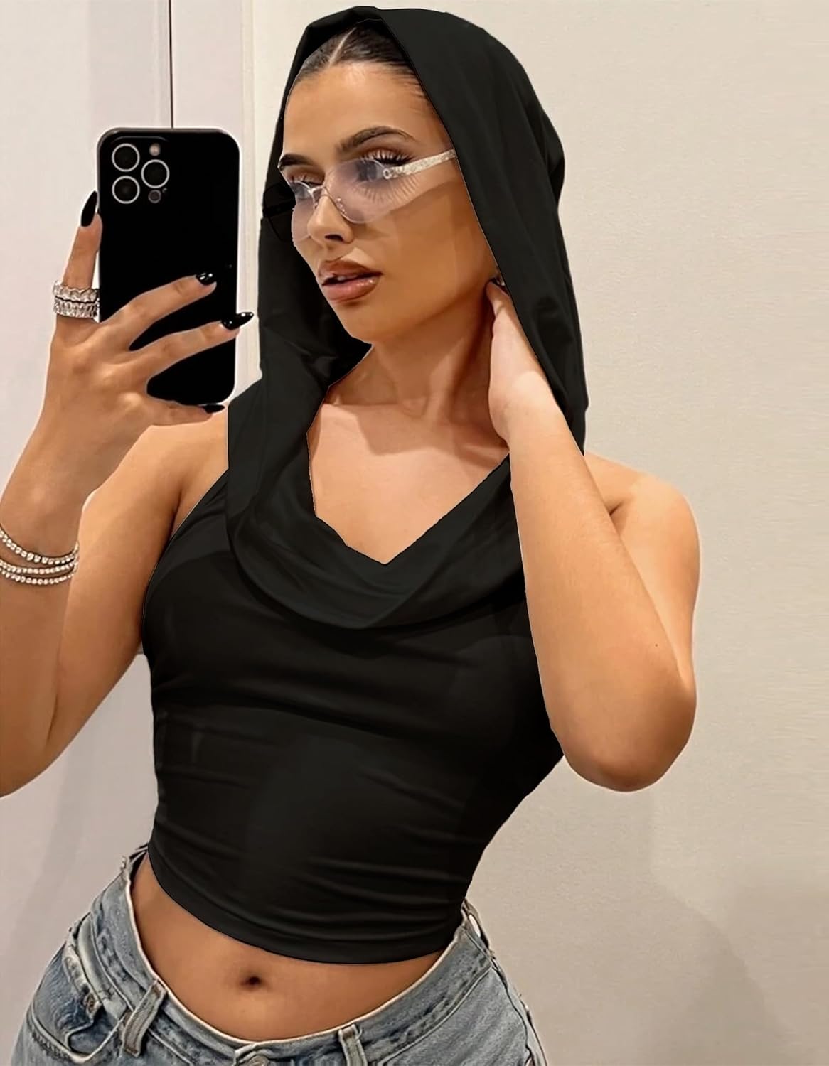 Women’s Backless Hoodie Tank Top, Sexy Draped Halter Crop Top, Stretchy Rave Festival Outfit - Image 2