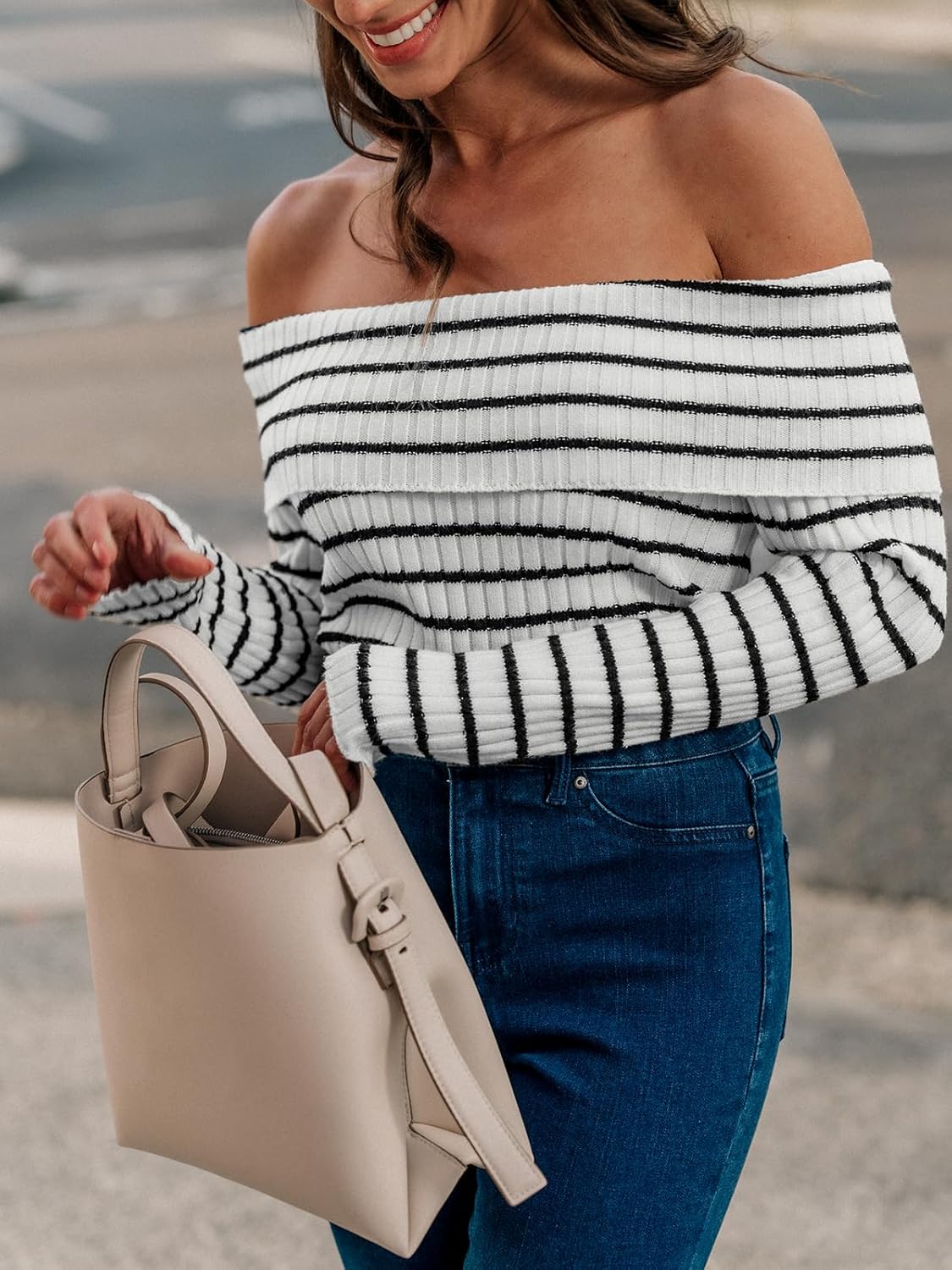 CUPSHE Women's Long Sleeve Sweater 2024 Fall Off The Shoulder Striped Sweater Tops - Image 3