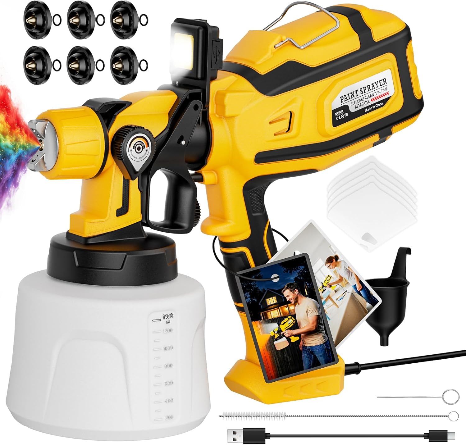 Paint Sprayer for House Painting, 1000W Paint Sprayers with 47oz (1400ml), 6 Copper Nozzles (0.5–2.5mm), LED Light, Adjustable Flow & 3 Patterns, Easy Clean Paint Sprayer for Furniture, House, Garden