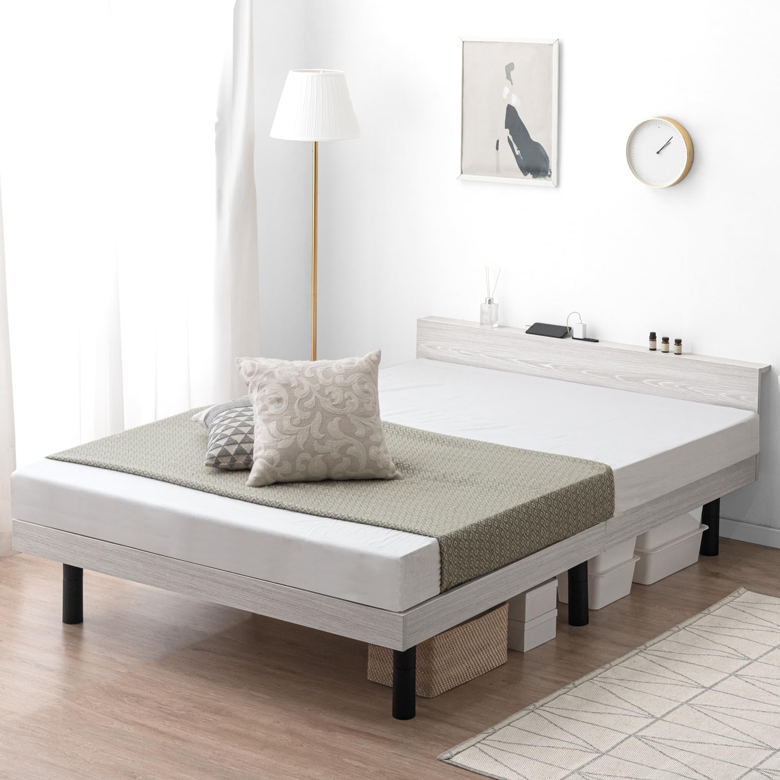 Amazon｜タンスのゲン ベッド 単品 セミダブル 宮棚付き 2口