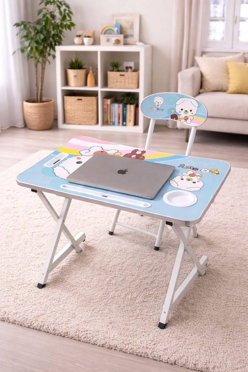 Kids Study Table with Chair Set, Foldable Study Desk for Kids, Cartoon Printed Table with Cup Holder and Storage Slot, for Study and Activities-image-29